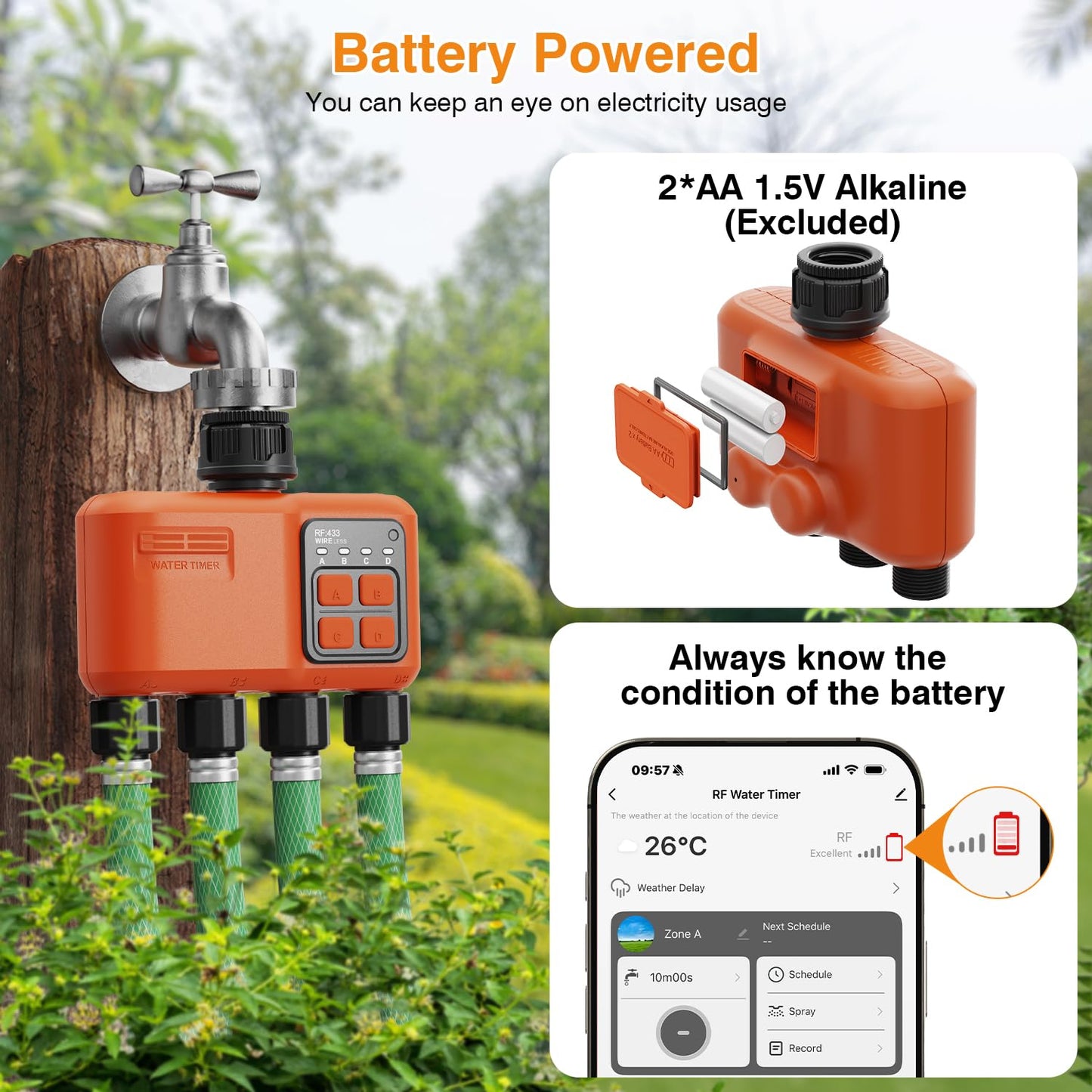 Smart WiFi Sprinkler Timer 4 Zone,WiFi Water Timer for Garden Hose with 984 FT Range,APP & Remote Control,Alexa & Google Voice Compatible,Rain Delay, Manual Mode Sprinkler System