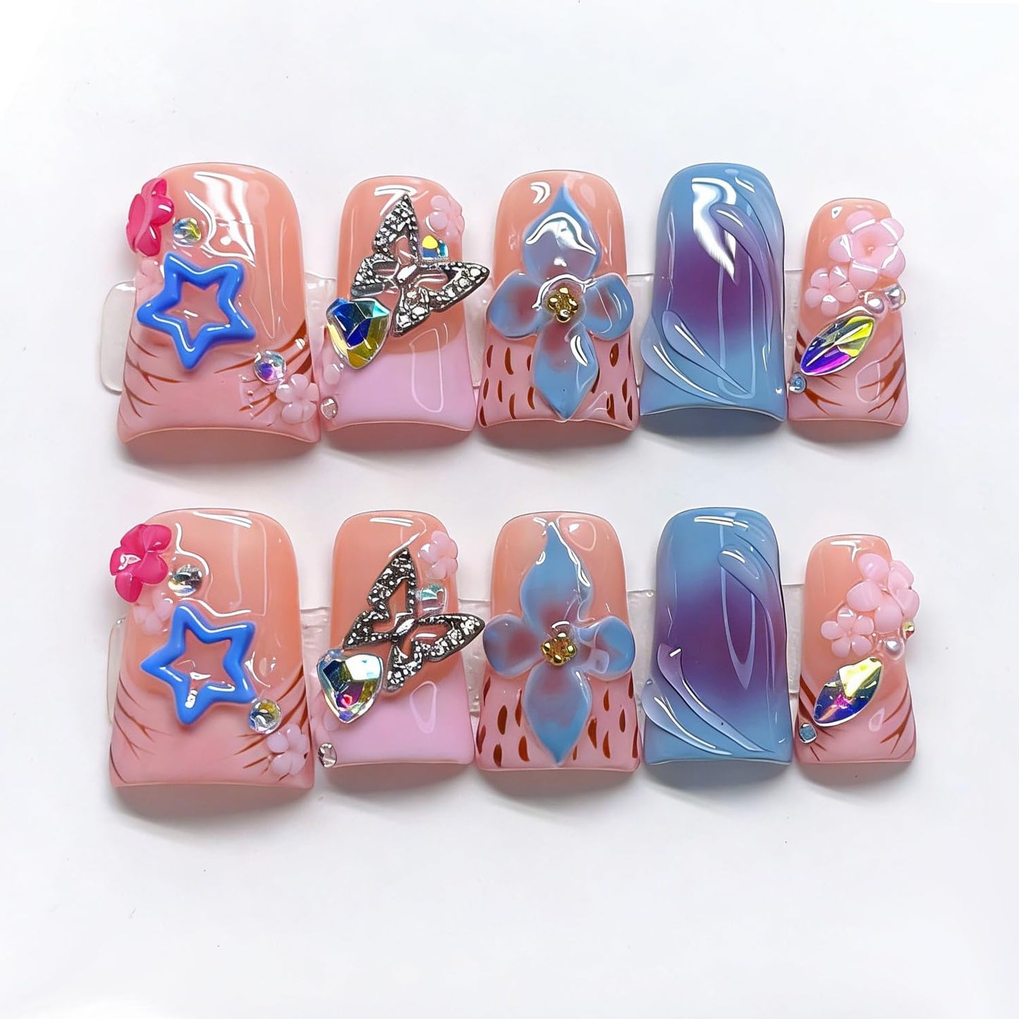 10Pcs Medium Duck Press On Nails Handmade Fake Nails Nude Pink Nail Press Ons with Flower Luxury Rhinestones Designs French False Nails Full Cover Artificial Glossy Stick On Nail For Women（Size S）