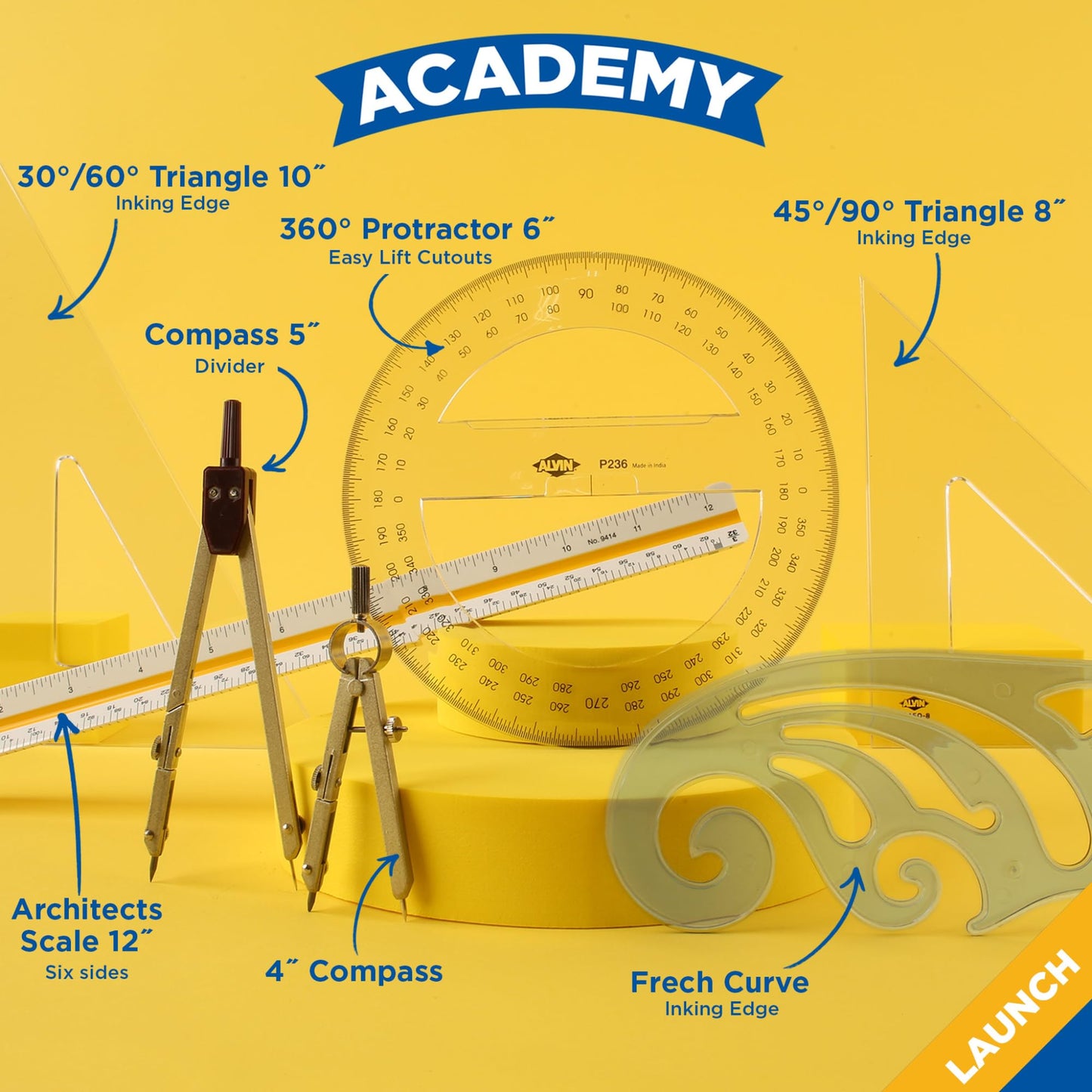 ALVIN Academy Drafting, Drawing and Design Launch Kit | 10 Pieces | Class Tools for Geometry, Architecture and Engineering Students | - Model DDKL1