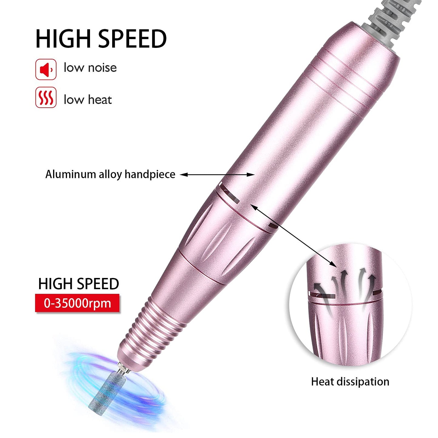 Replacement Handle for Electric Nail Drill Machine, 35000rpm Nail Drill Pen Replacement Handle Nail Polisher Grinder Handpiece Handle Electric Portable Nail Polishing Machine Replacement Handle(Pink)