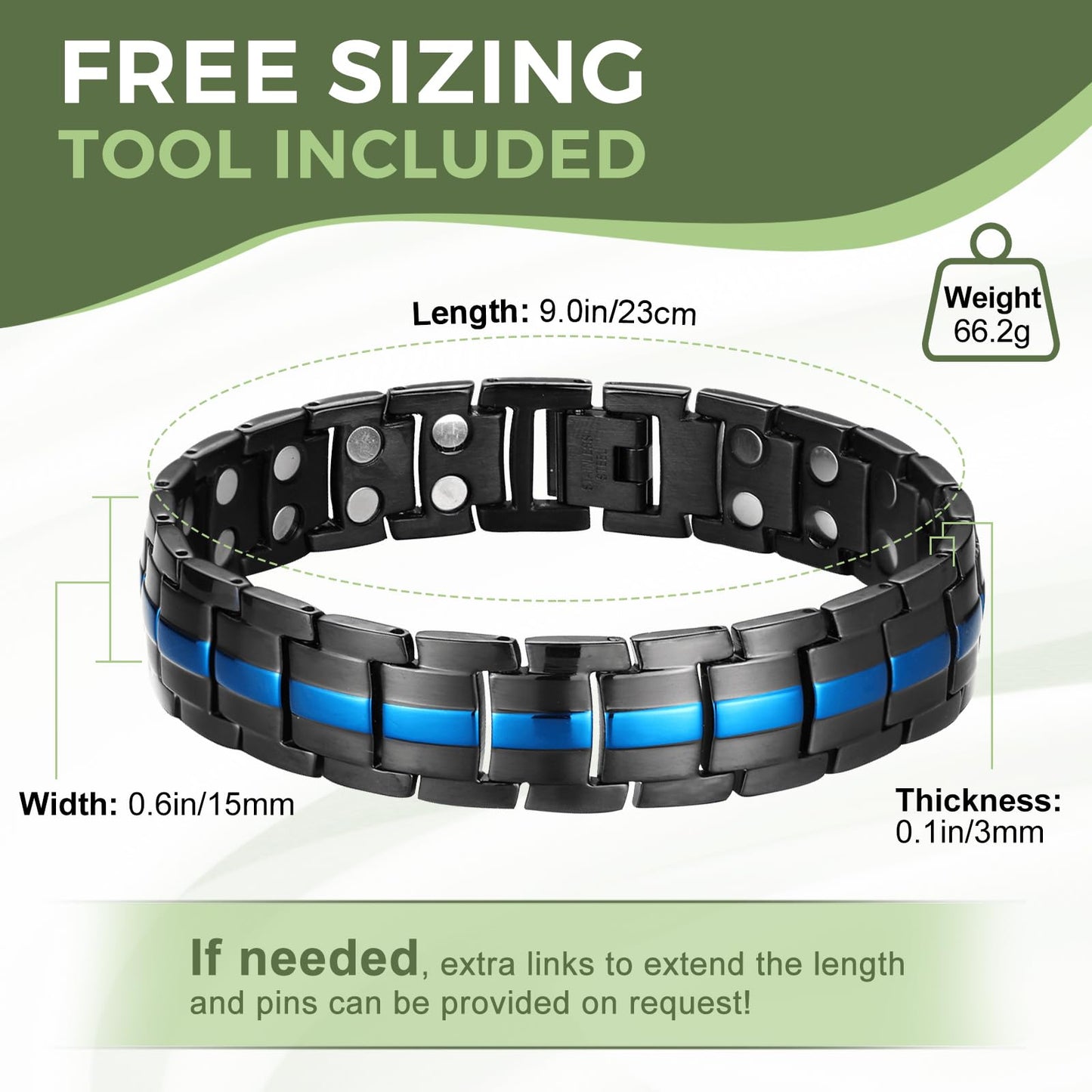 MagEnergy Magnetic Bracelets for Men, Titanium Steel Magnetic Bracelet with Double Row magnets, 9.0'' Adjustable Link Bracelet Jewelry Gift (Sizing Tool)
