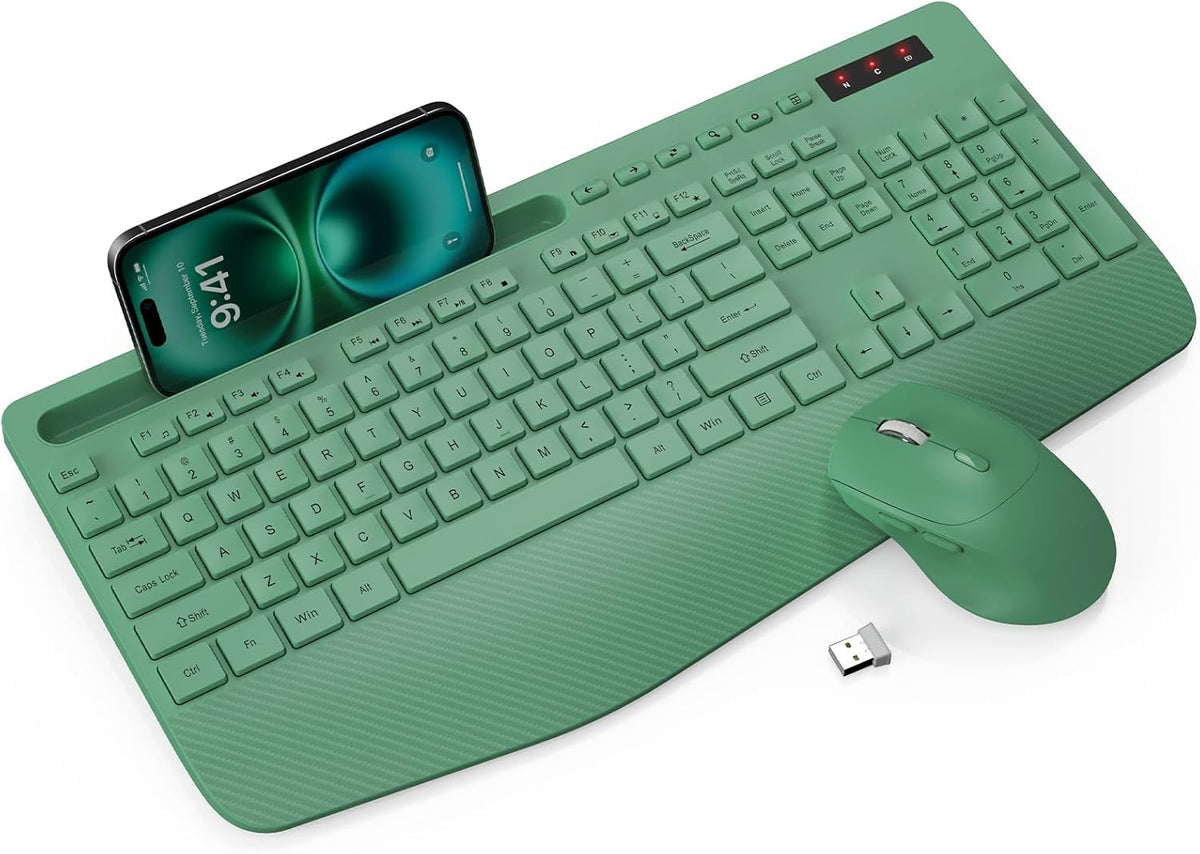 Wireless Keyboard and Mouse Combo - Full-Sized Ergonomic Keyboards with Wrist Rest, Phone Holder, Sleep Mode, Silent 2.4GHz Cordless Combo for Computer, Laptop, PC, Mac, Windows -Trueque