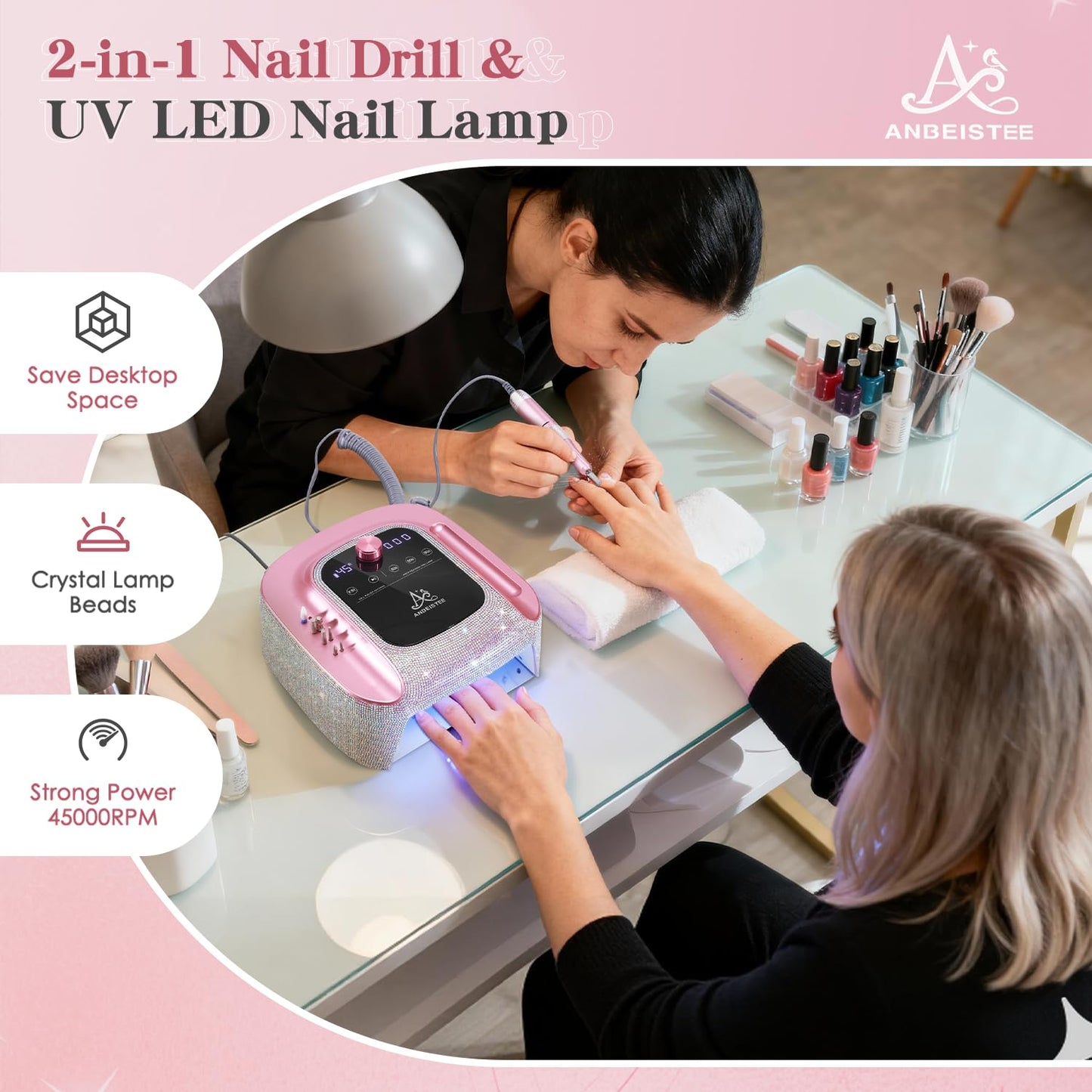 ANBEISTEE 2-in-1 Nail Drill & UV LED Nail Lamp, Professional Rechargeable 45000 RPM Electric Nail Drill Machine, Nail Grinder, Fast Nails Dryer Curing Lamp, Designed for Salon, Home