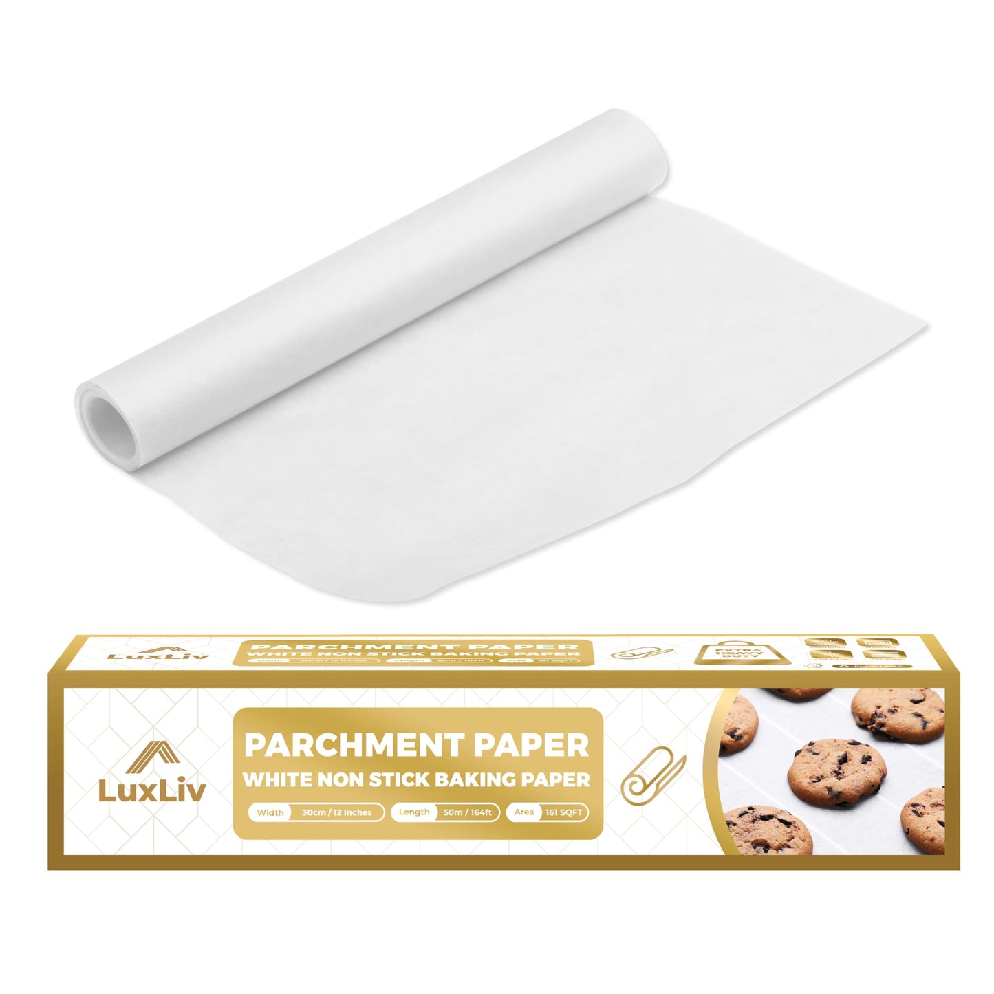 LuxLiv® 12 in x 164 ft White Parchment Paper Roll for Baking – Non-Stick Greaseproof Baking Paper, Cooking & Air Fryer Paper, Sourdough Bread Baking Supplies, Extra-Thick & Easy-Tear Roll