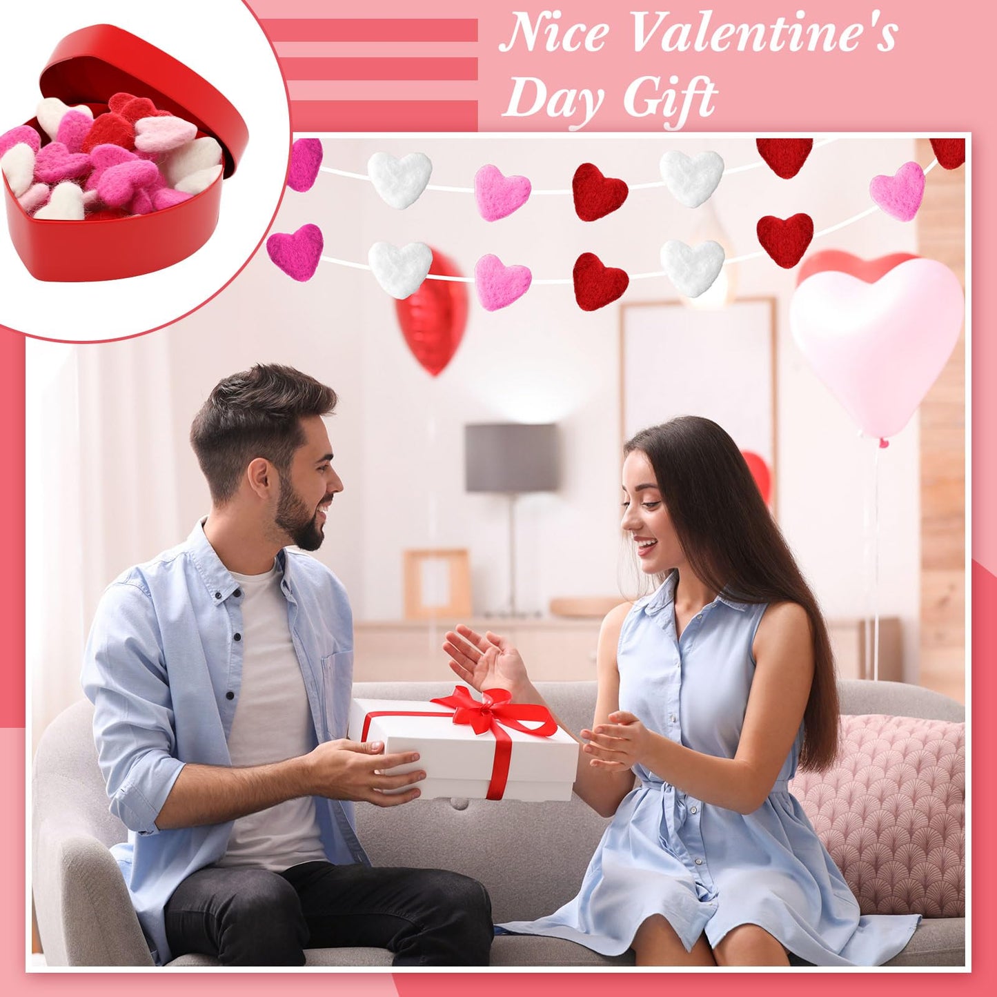 Buryeah 100 Pcs Pink Red Heart Shape Wool Felt Red Pink White Wool Felt Hearts Mother's Day Heart DIY Balls Pom Pom Balls for Crafting Art Party Home Holiday Decor Props