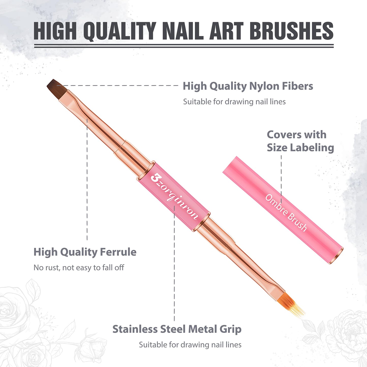 Nail Art Brushes Set, Professional 5Pcs Double-Ended Nail Brush Kit for Details, Long Lines, Ombre & 3D Design-Perfect for DIY Manicures & Salons (Pink)