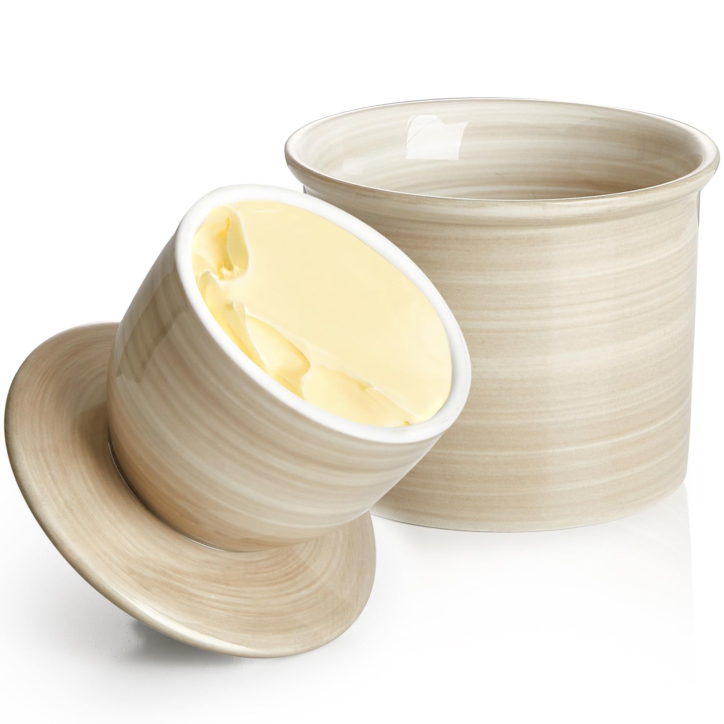 Sweese Hand-Painted Butter Crock with Water – French Butter Keeper Crock with Lid for Countertop, Artistic Design, Dishwasher & Microwave Safe, Gift-Ready-Light Grey