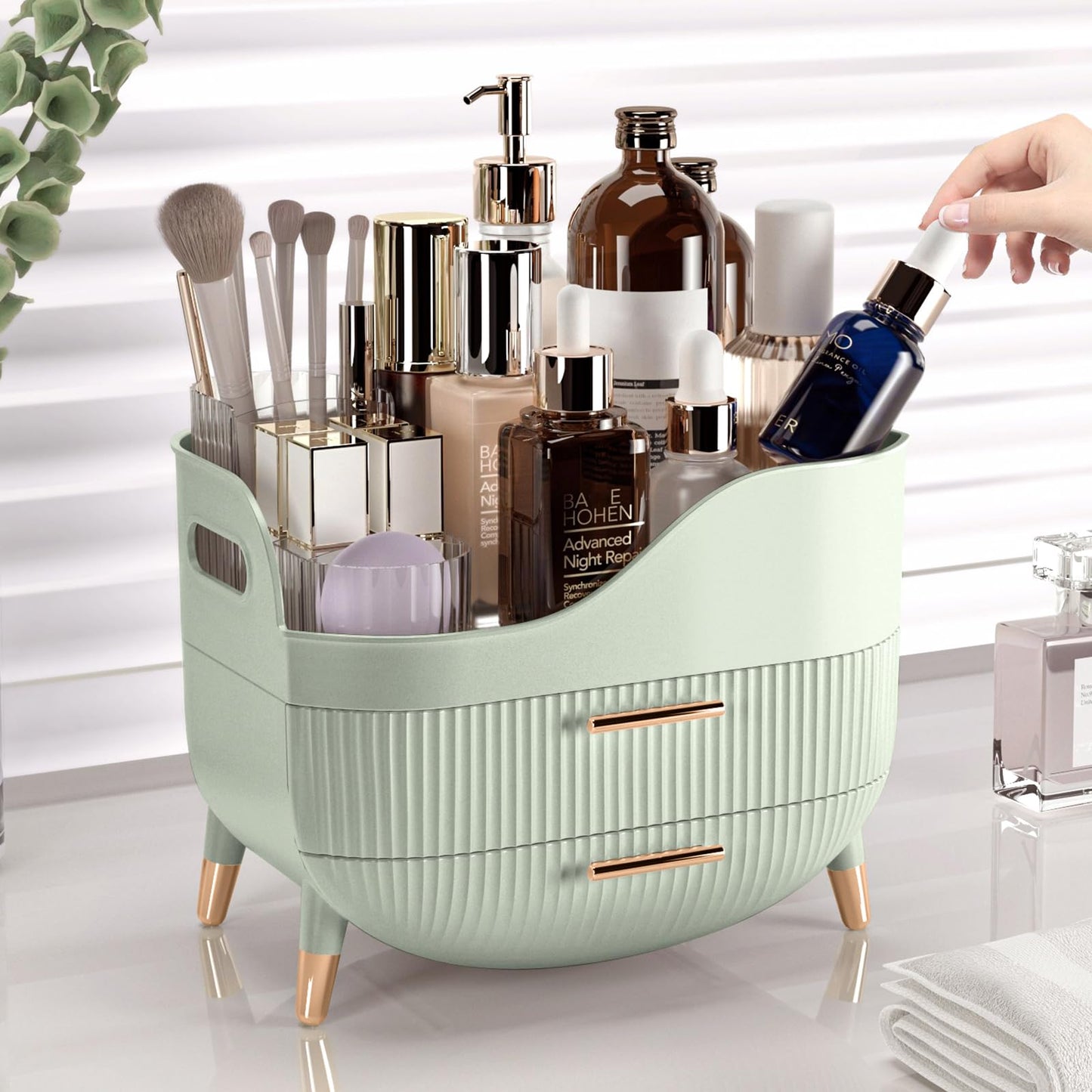 Pajiriona Makeup Organizer with Drawers, Green Skincare Organizer for Vanity, Storage Box with Handle, Large Cosmetic Display Case for Dresser, Bathroom Countertop