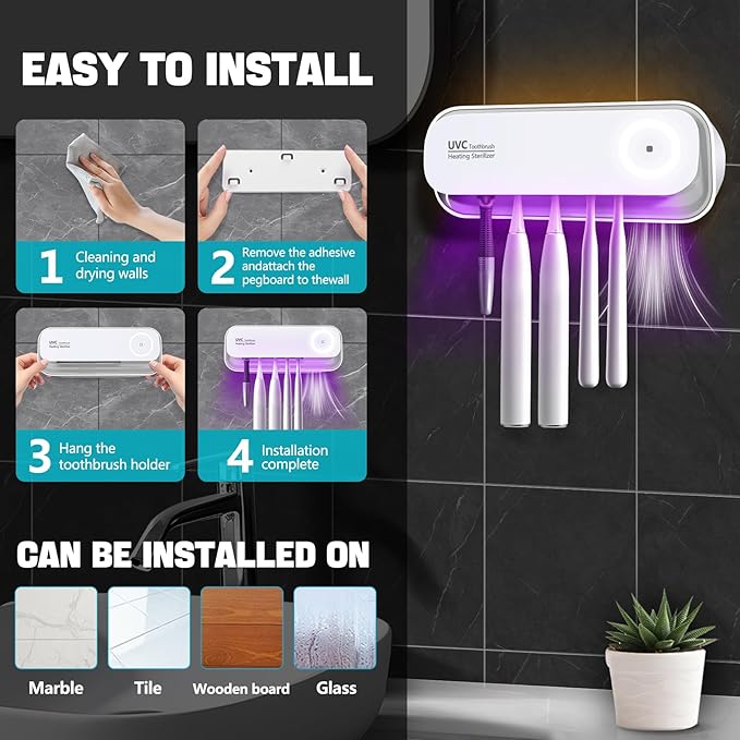 Toothbrush San itizer Holders Tooth Brush Holder Wall-Mounted for Bathroom 5 Slots Electric Toothbrush Holder with Light San itizer Toothbrush Cleaner with Air Dry