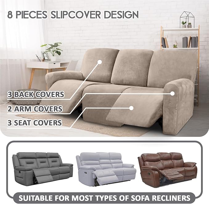 ULTICOR Velvet 8-Pieces Recliner Sofa Covers Stretch Reclining Couch Covers for 3 Cushion Reclining Sofa Slipcovers Furniture Covers Thick Soft Washable (3 Seater Recliner Cover, Taupe)