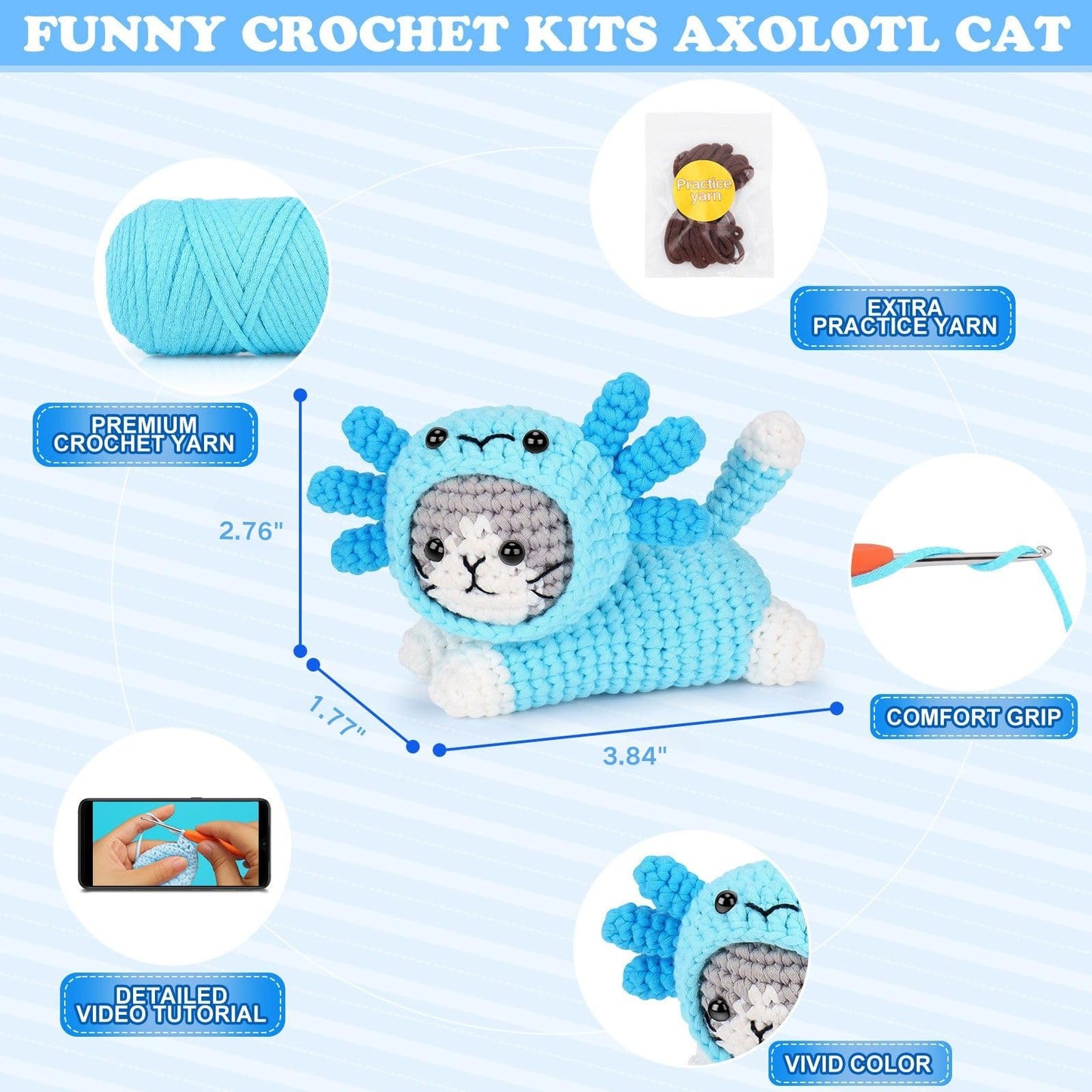 Crochet Kit for Beginners, Crochet Starter Kits for Adults Kids, Cat Dress in Axolotl Crochet Kit, Complete Crochet Animal Kit with Step-by-Step Video Tutorials, Gifts for Crocheting Lovers