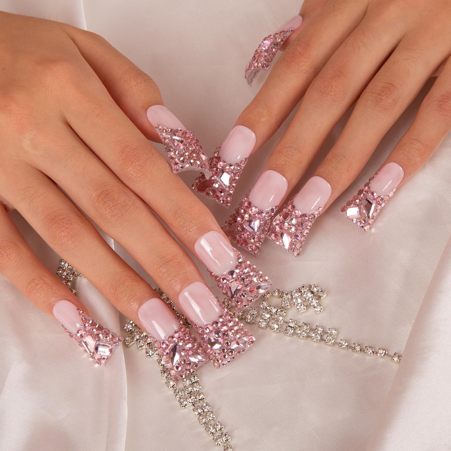 LOVFUL Press on Nails Pink French Tip Rhinestone | Handmade with Full Covered Crystals | Reusable Fake Nails | Duck Classic Regular 1.3 in | H27-M