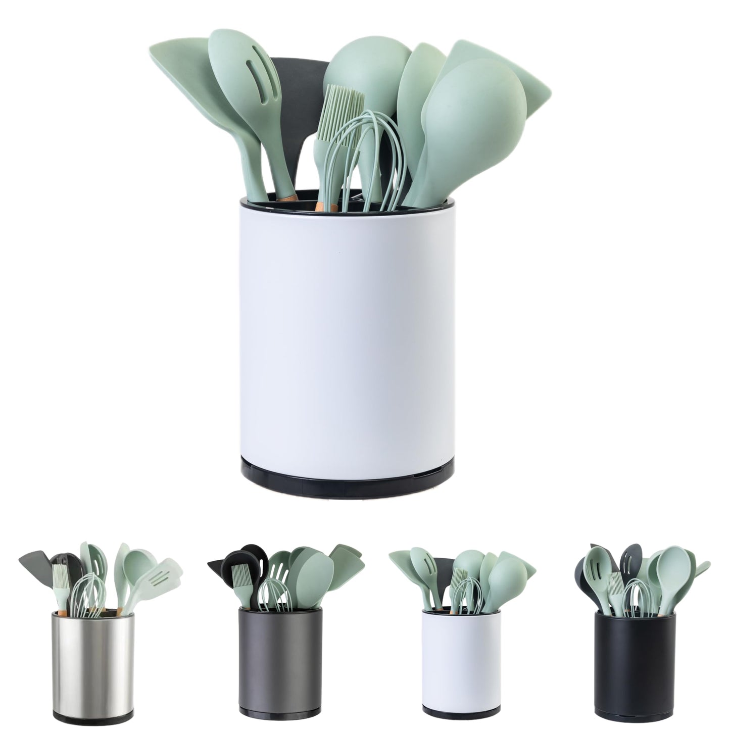 LIBODOUR Kitchen Utensil Holder Extra Large 360°Rotating For Counter Organizer Stainless Steel Storage Cooking Silverware Caddy 3 Compartment Flatware Spoon Spatula Tool Cutlery Container（White）