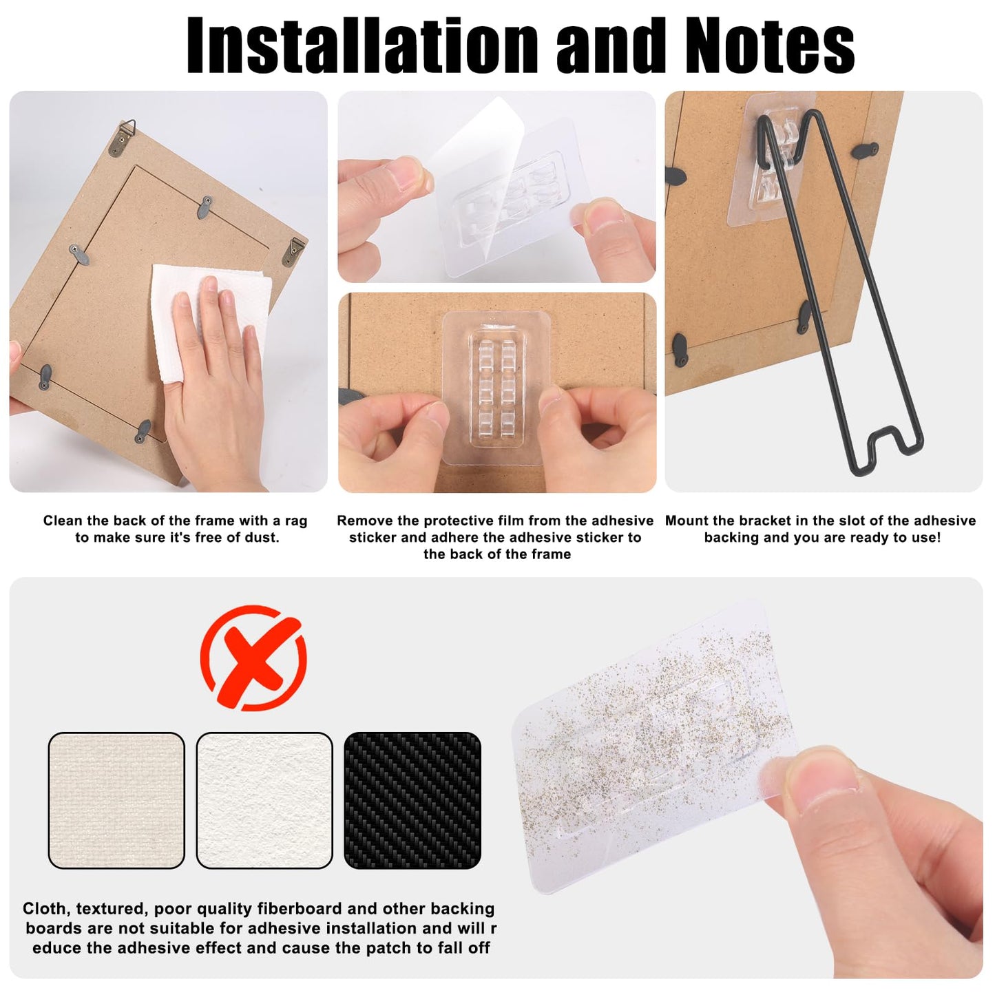 Nirxxiy 6 Pcs Picture Frame Stand, Table top easel, Stainless Steel Picture Holder Stand with Self-Adhesive for 8.6 to 14.1 inch Picture Frame Easel (Black, 7.08“ x 2.17”)