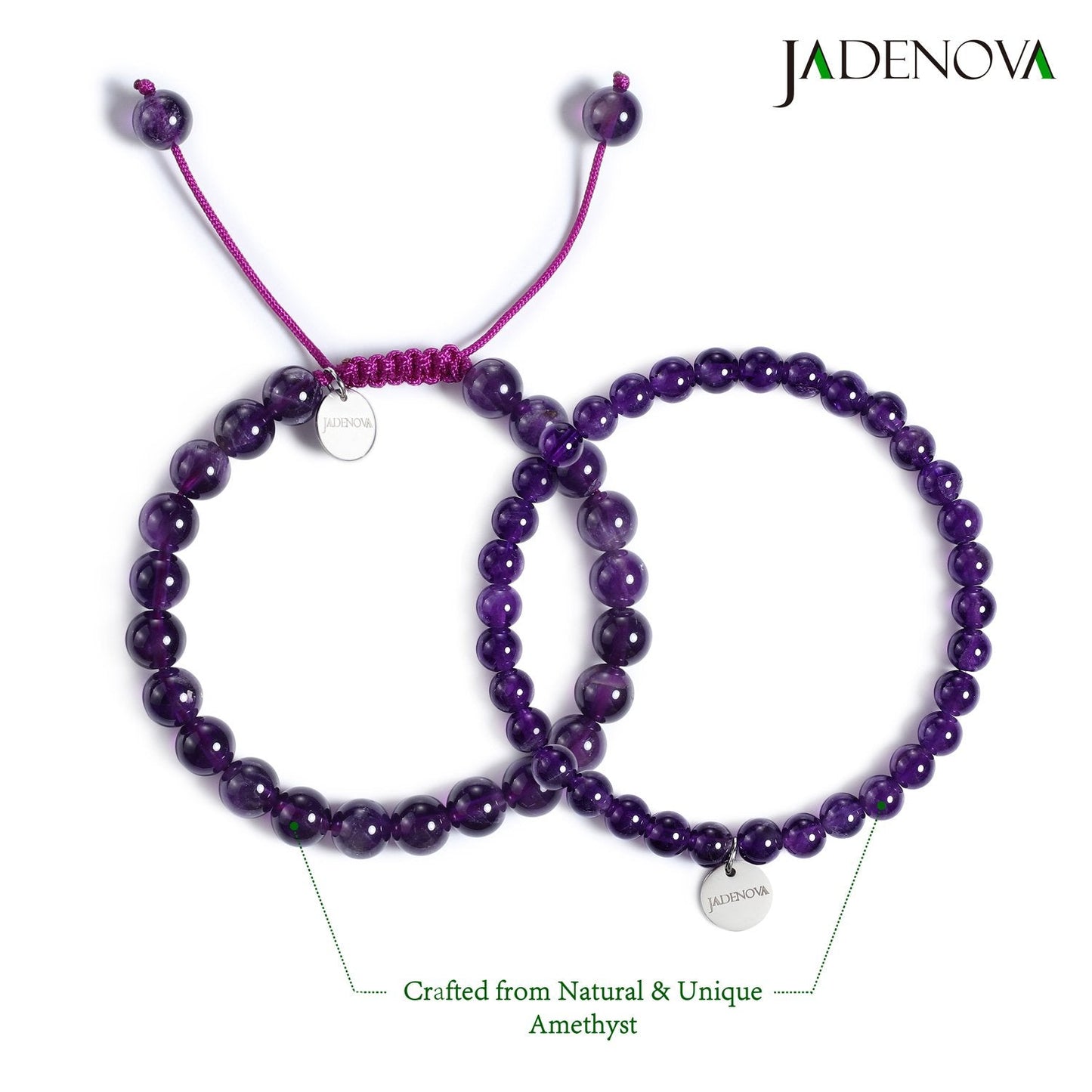 JADENOVA 6/8mm Natural Amethyst Gemstone Bracelet Elastic Stretch Yoga Beaded Healing Crystal Bracelet Couples Gifts for Men Women (2pcs Set)