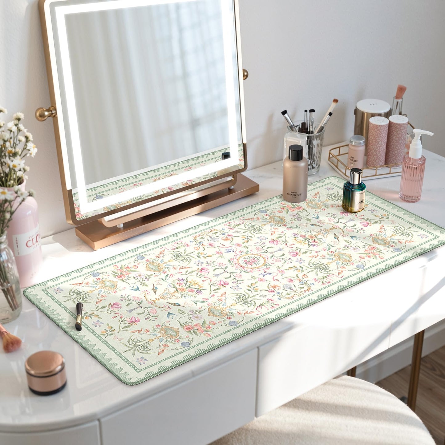 HAOCOO Floral Mouse Pad, 35.4" x 15.7" Waterproof Makeup Mat, Cute Aesthetic Desk Decor Pad, Women Office Keyboard Matt with Stitched Edges, Green Desk Accessories Work for Home