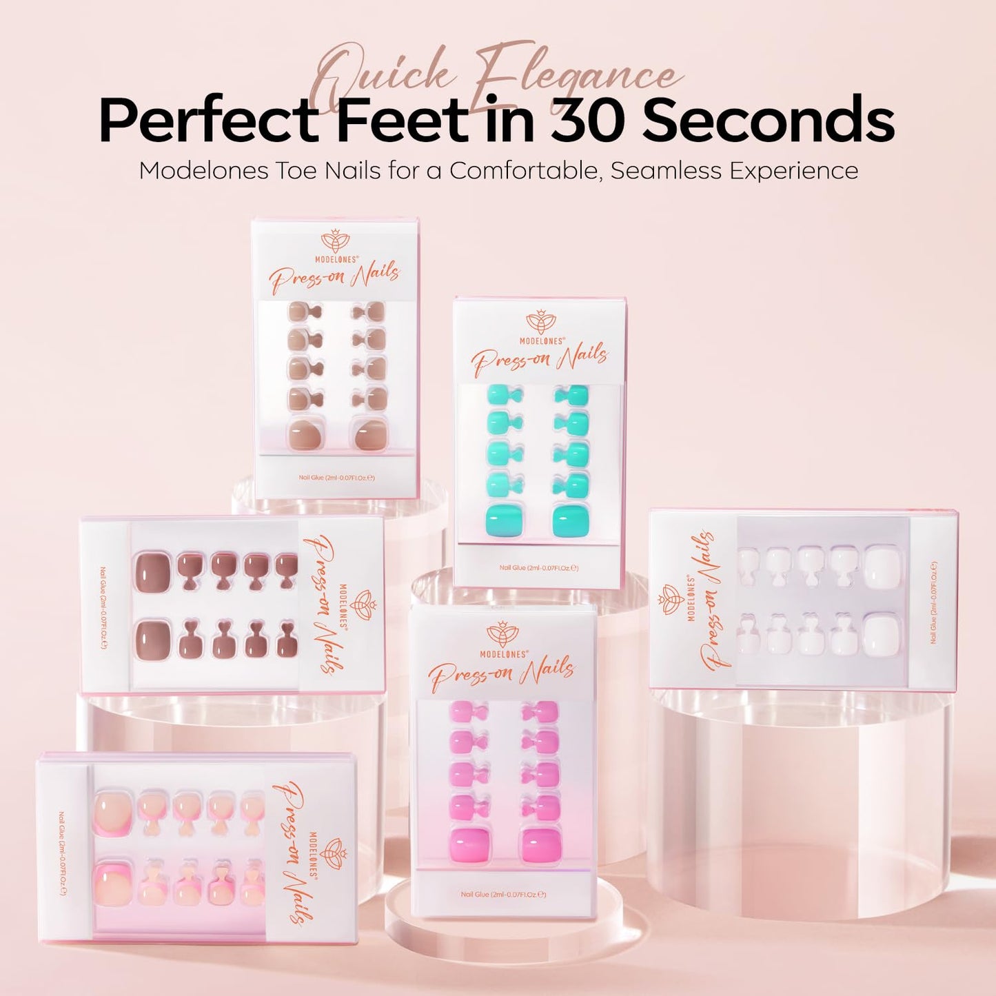 Modelones Press on Toenails Short, Bronze French Tip Toe Nails Square, Reusable Nail Kit with Nail Glue Adhesive Tabs Mini Nail File, Toe Nails 36Pcs 18Sizes, Summer Spring Women Girl Gift