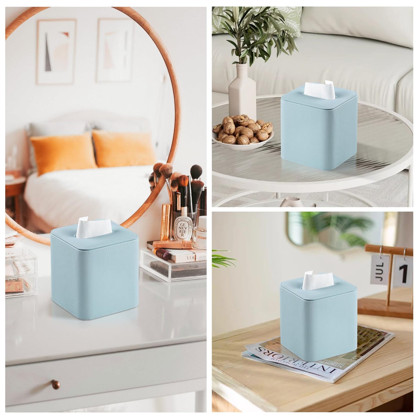 MEIBOOCH PU Leather Tissue Box Cover with Magnetic Closure, Square Tissue Box Holder with Rounded Edges Design (Blue, Square)