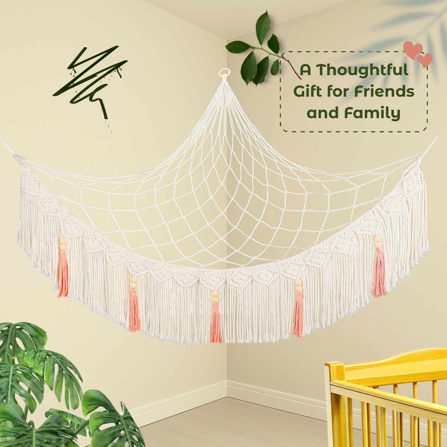 SYSYNA Corner Stuffed Animal Hammock - Large Macrame Wall Mounted Plush Toy Storage Net, Kids Room Decor