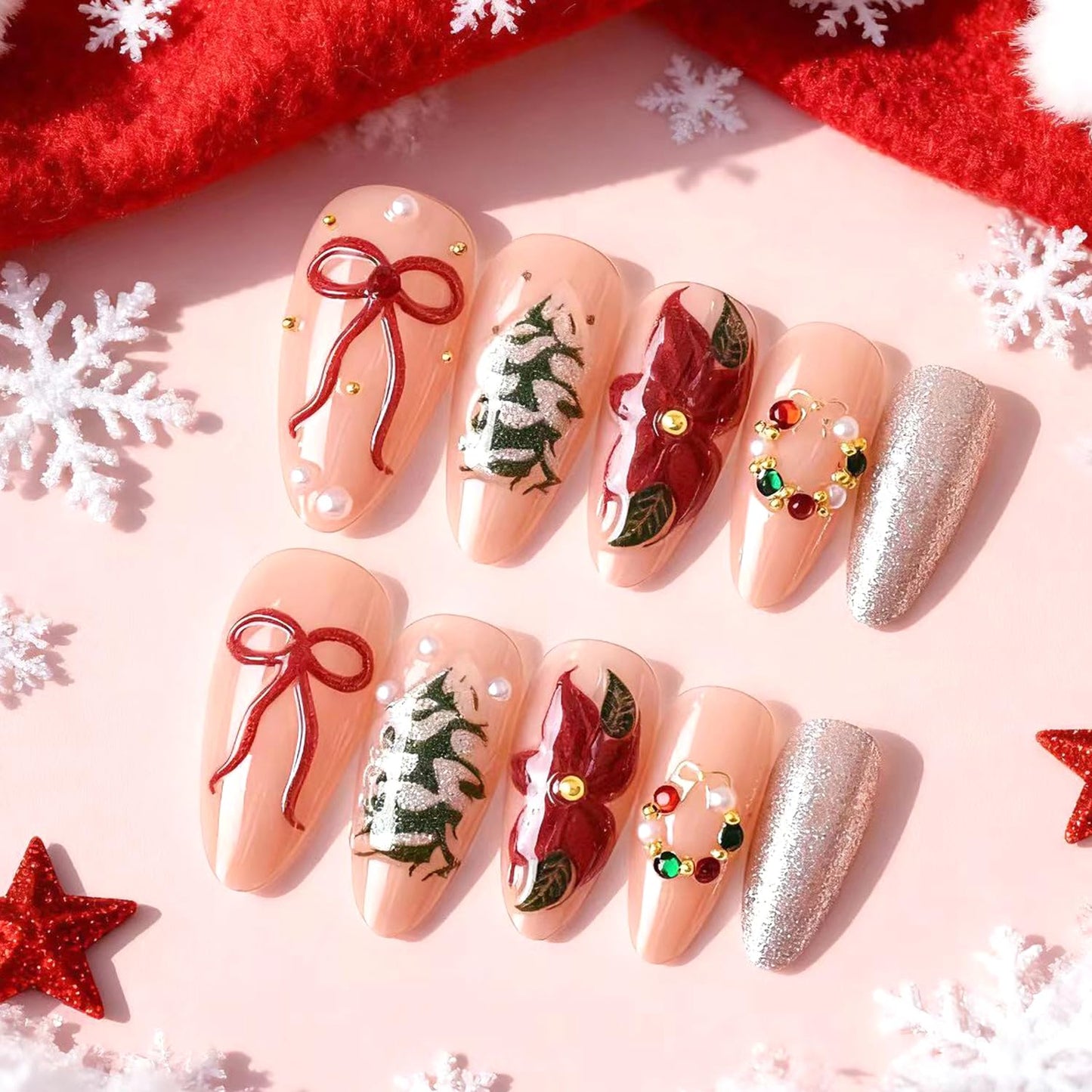 24Pcs Shiny Christmas Press on Nails Medium Almond Fake Nails 3D Rhinestones Pearls Wreath Charms Design Red Flower False Nails Bow Glue on Nail Xmas Tree Acrylic Nails for Women Holiday Nail Decor