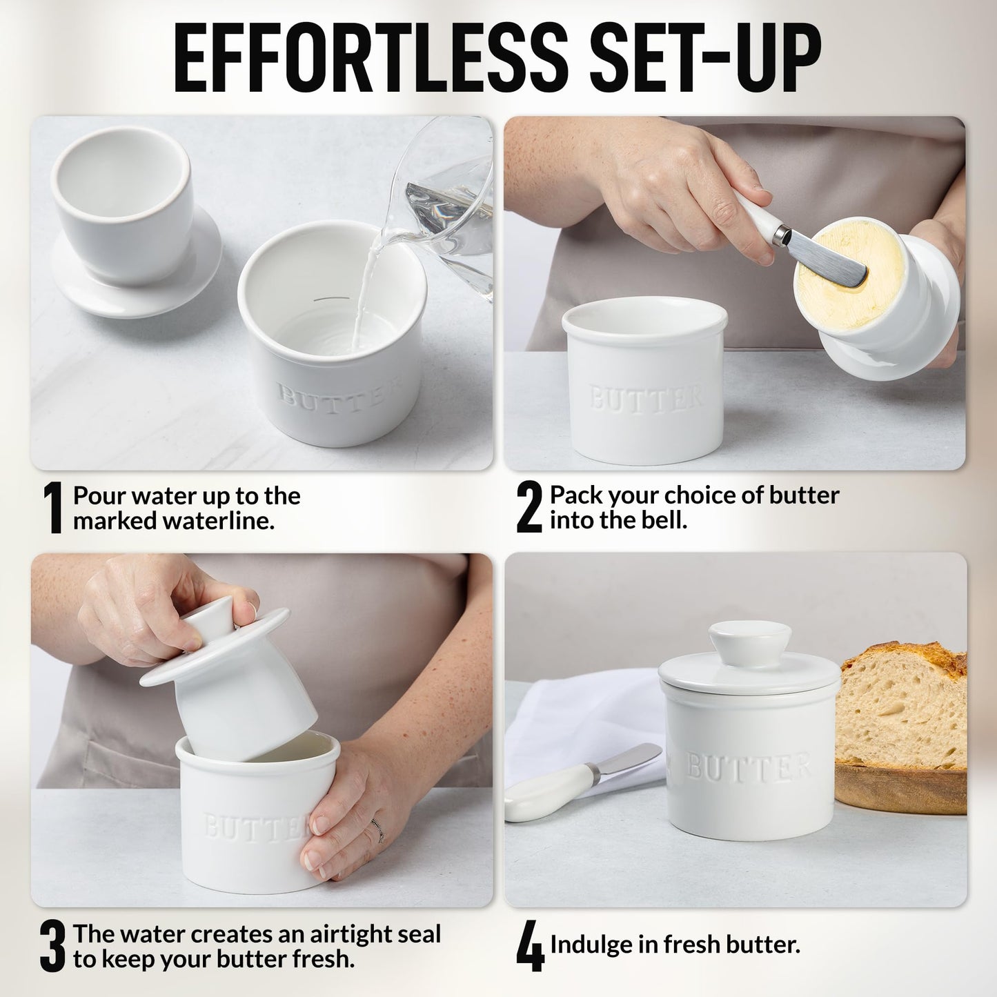 Zulay Kitchen Bell Shaped Butter Crock with Lid for Countertop with Water Line & Spreader Knife, Ceramic French Butter Dish Keeper For Fresh, Soft & Spreadable Butter - White