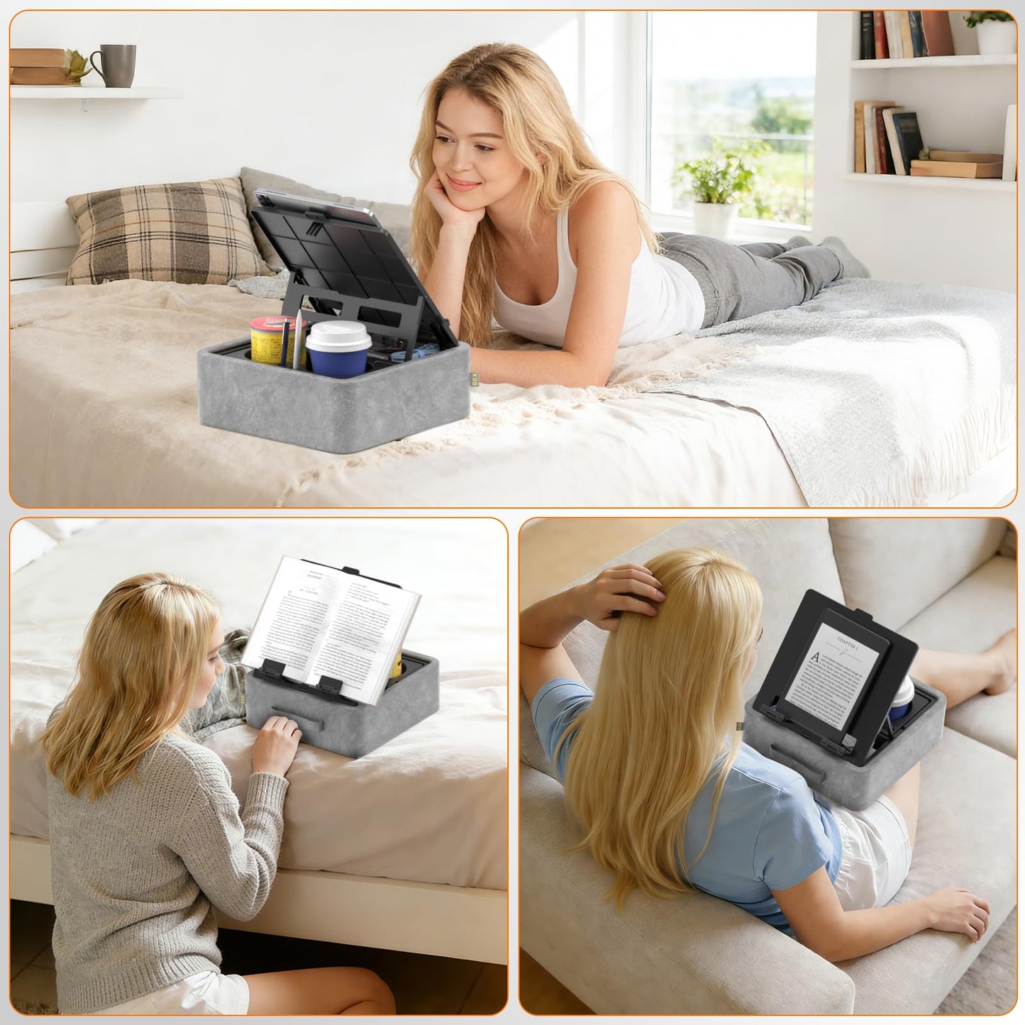 KDD 5 in 1 Tablet Pillow Holder, Foldable Book Stand for Reading with Storage Tray, Pen Slot and 2 Cup Holders, Adjustable iPad Stand for Lap, Bed, Desk and Couch Compatible with Tablet and Book