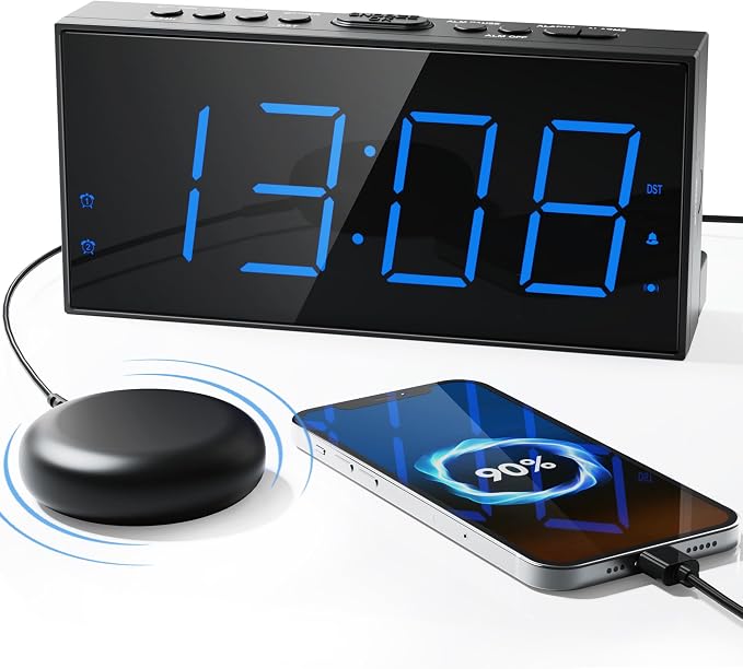 Alarm Clock with Bed Shaker, Vibrating Alarm Clock for Heavy Sleepers | Dual Alarms, 7.5’’ LED Display, Dimmer, USB Charging Port, Memory Function, Plug in Vibrator Clock for Hard of Hearing/Deaf