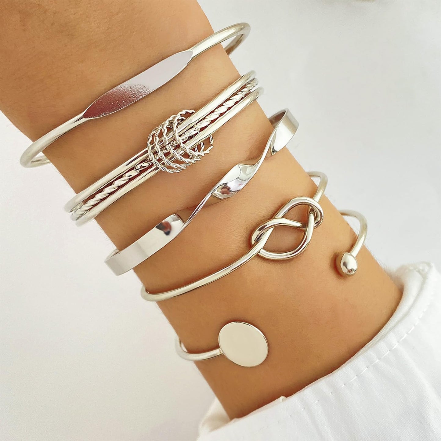 IFKM Silver Bangles Bracelets For Women, Silver Plated Multi Layer Stackable Cuff Bracelet Set, Trendy Elegance Charms Non Tarnish Minimalist Textured Boho Jewelry Gift for Women