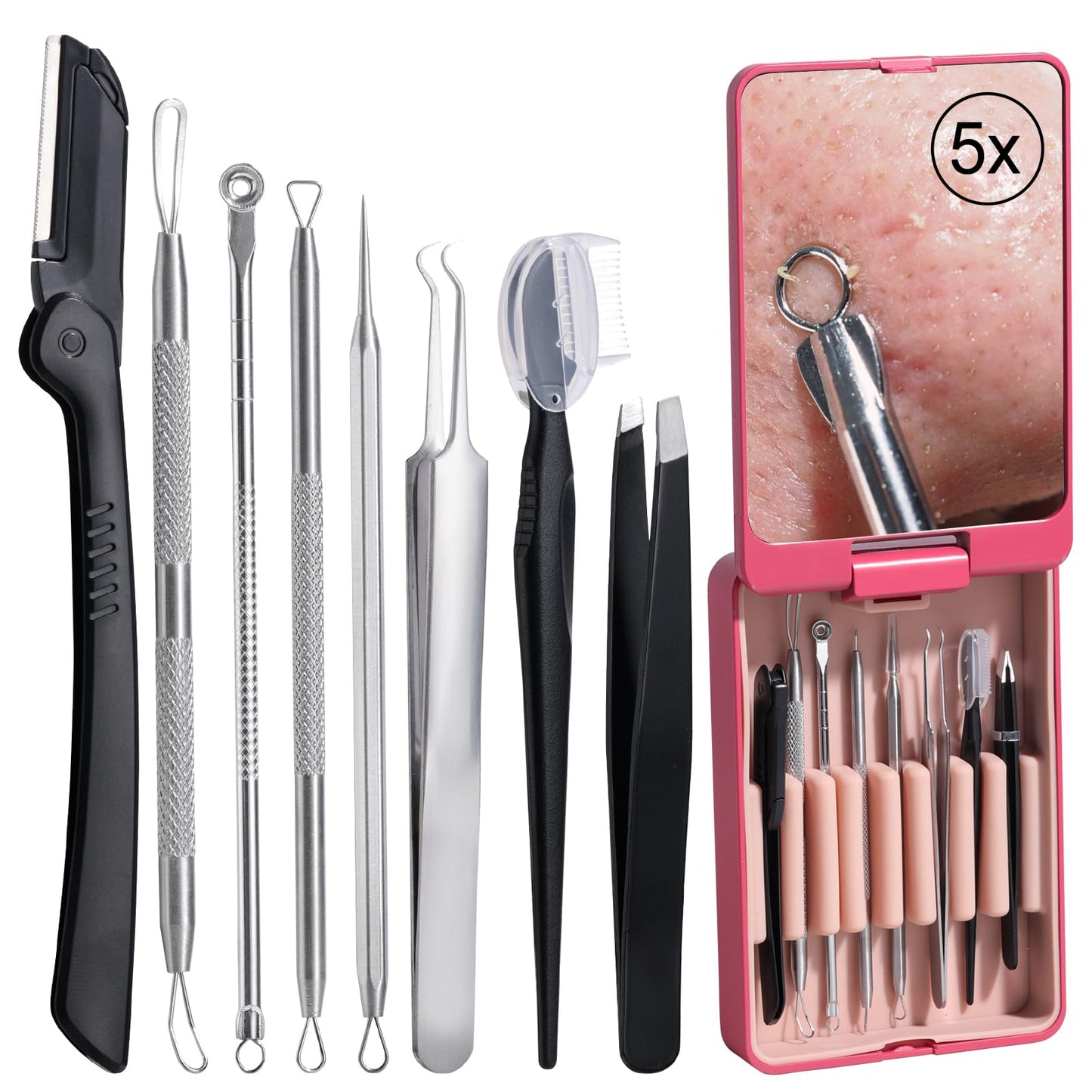 JPNK Blackhead Remover Tool Comedones Extractor Acne Removal kit & Eyebrow Trimmer Kit, 8PCS in One with 5X Magnifying Mirror (Silver)