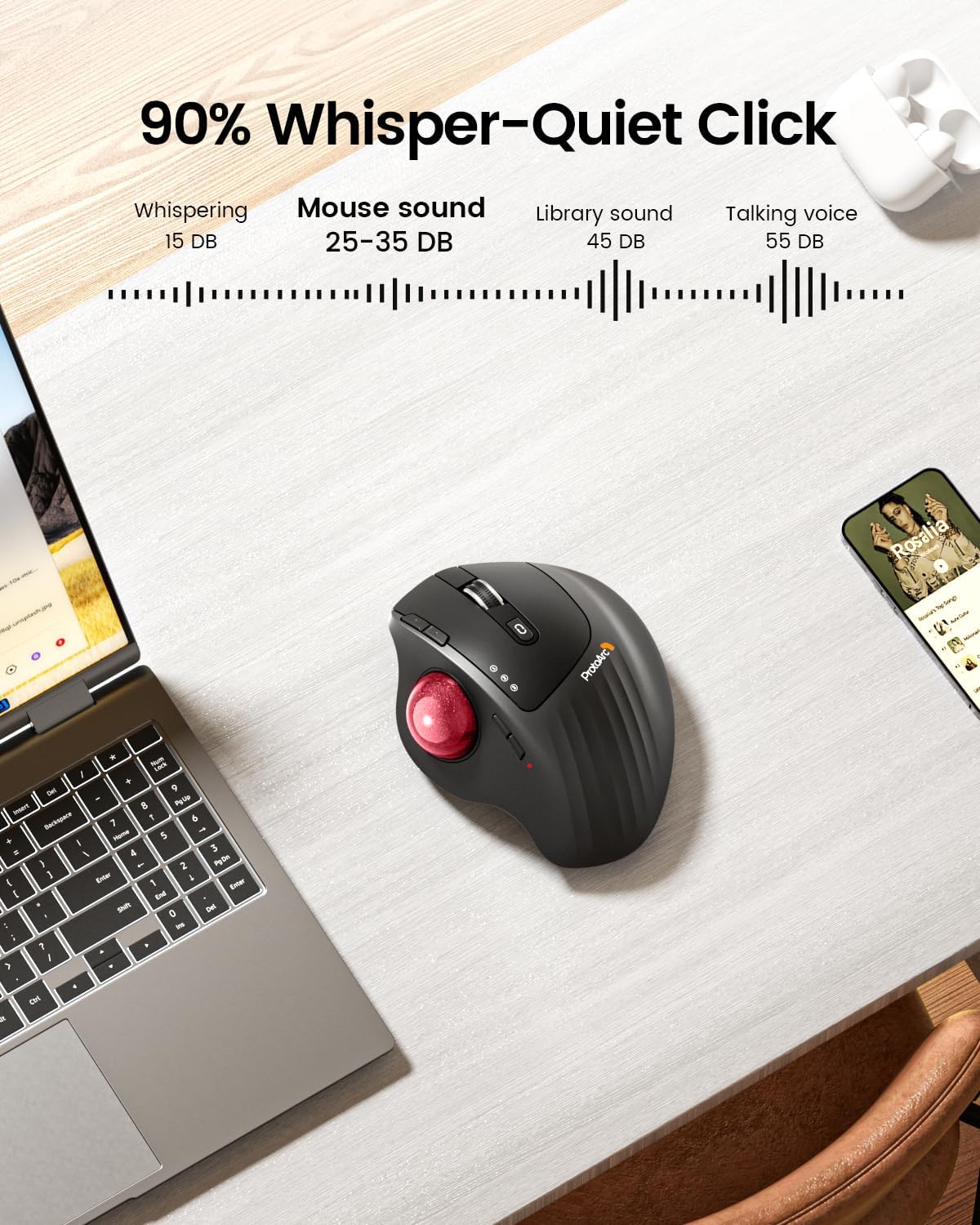 ProtoArc Wireless Trackball Mouse, EM01 NL Ergonomic Bluetooth Rollerball Thumb Rechargeable Computer Laptop Mouse, Adjustable Angle & 3 Device Connection for PC, Mac, Windows-Red Ball