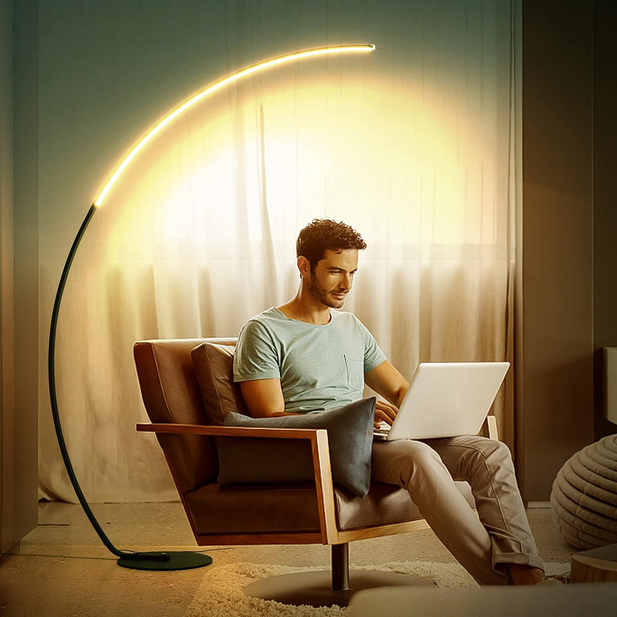 NUÜR Arc Floor Lamp, 67" Tall Black Gold LED Modern Standing Floor Lamp with Remote Control, Arched Bright Floor Lamps for Living Room Bedroom Office Home (Black)