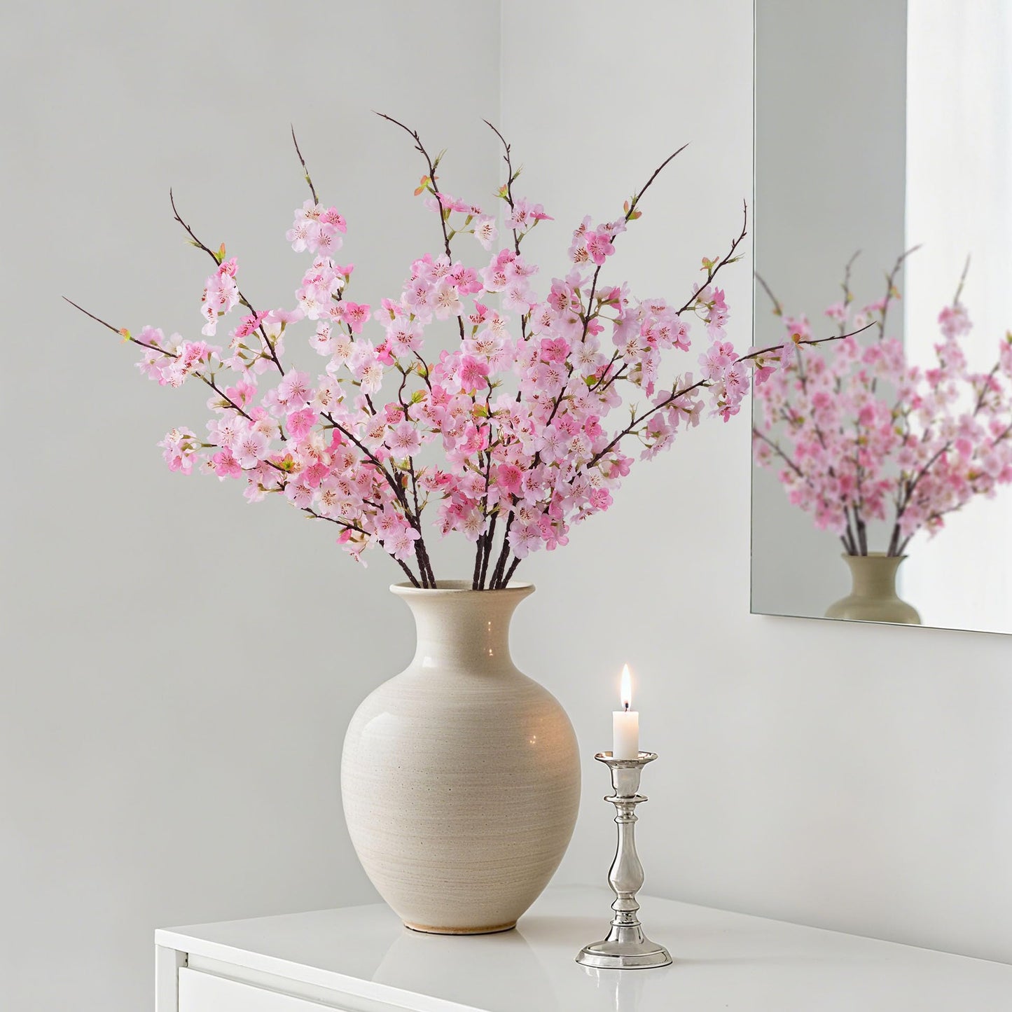 ENALGRE Artificial Cherry Blossom Branches 27.6In Silk Cherry Blossom Branches Long Stem Artificial Flowers for Tall Vase, for Home Decor, Weddings Decor, Parties & Festival Gifts 8PCS ，Pinkish White