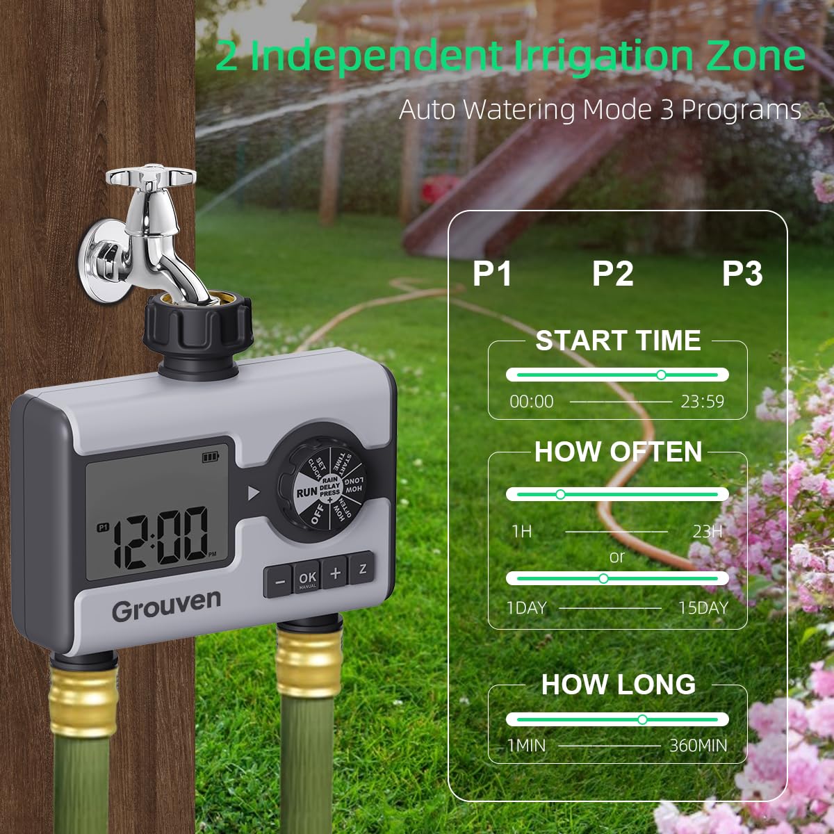 Water Timer for Garden Sprinkler Hose Timer with Rain Delay, Manual, Automatic Watering System Programmable，2 Outlet
