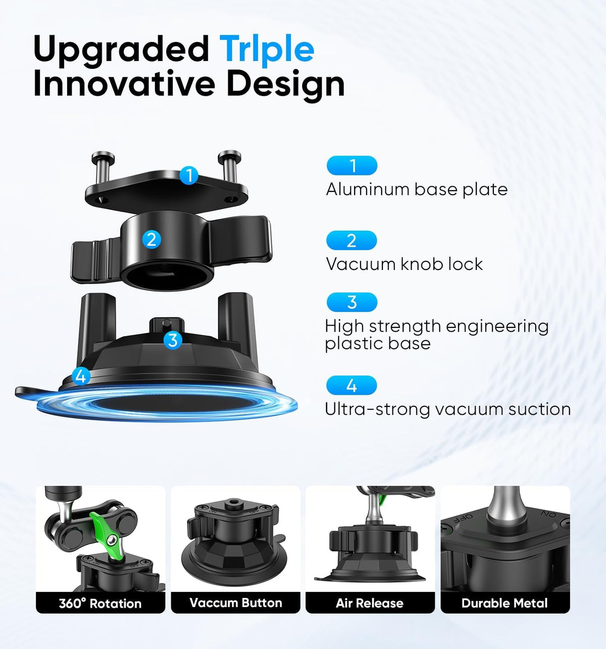 MAGIC JOHN Car Phone Holder, Ultra-Durable Mteal Phone Holders for Your Car, 360° Rotation Cell Phone Car Mount for Windshield, Suction Cup Car Phone Mount for iPhone Samsung All Smartphone
