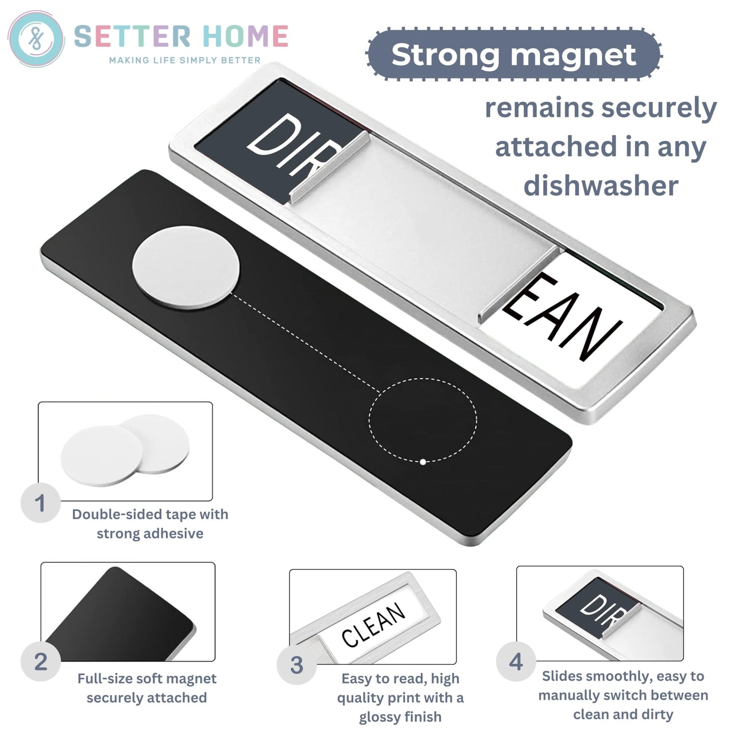 Clean dirty magnet for dishwasher, Premium Stainless Steel Black Clean Dirty Sign Indicator - Grade 304 Clean Dirty Magnet for Dishwasher, Easy to Read with Extra Adhesive Tape (Silver/White)