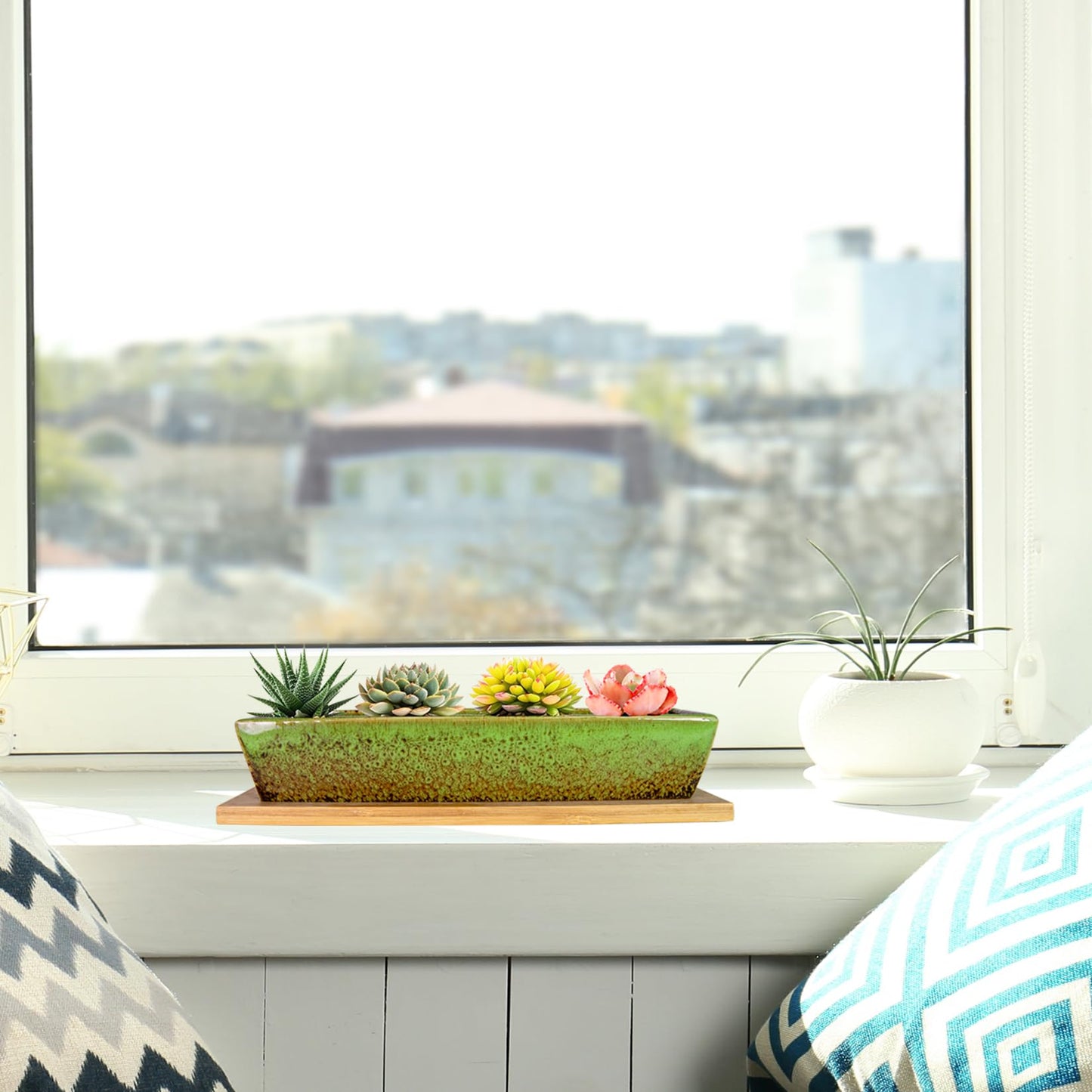 ARTKETTY Succulent Pots, 9.8 Inch Ceramic Succulent Planters with Drainage Small Bonsai Pot with Bamboo Tray, Mini Cactus Flower Planter Pot Shallow Rectangular Window Planters for Indoor Plants