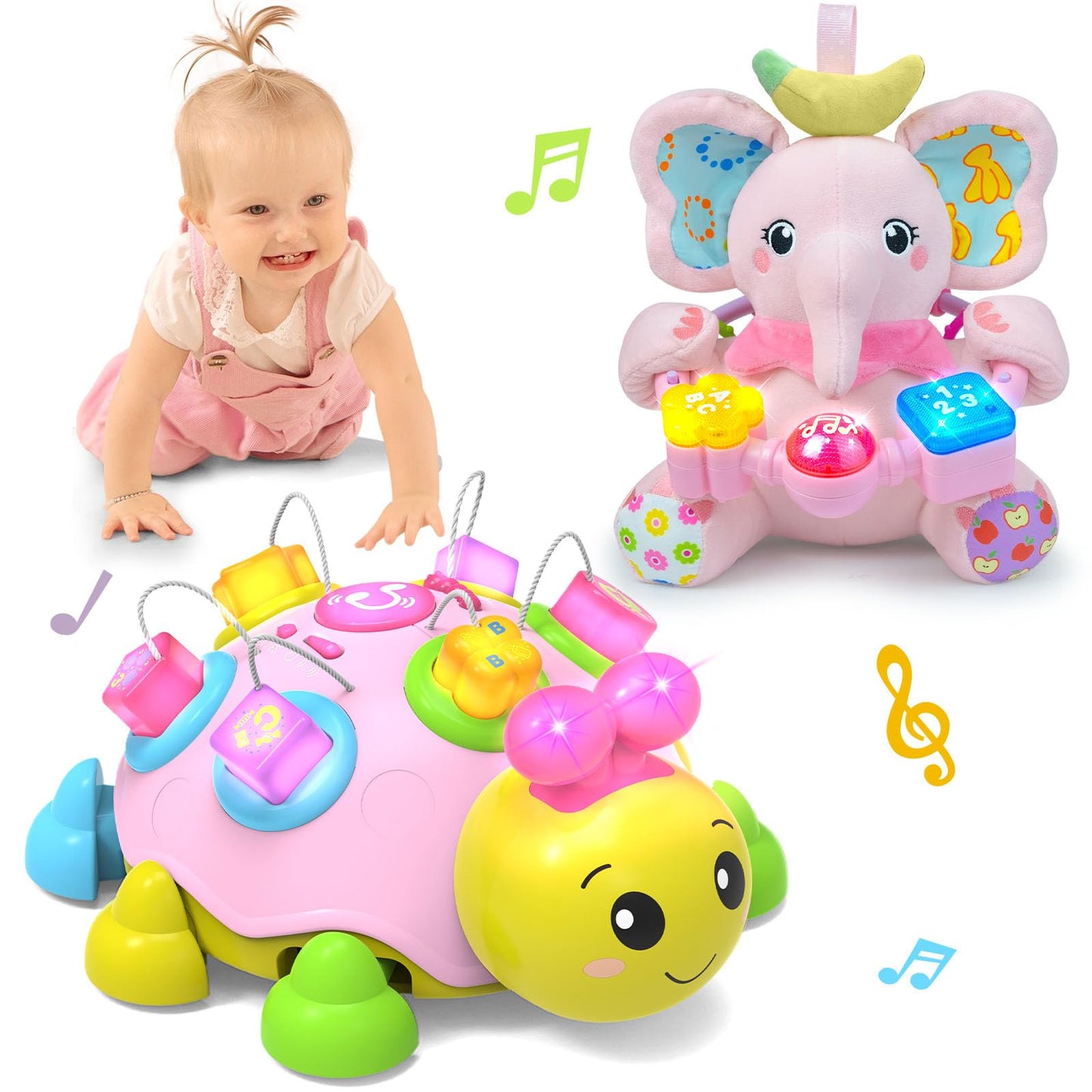 Holaxander Baby Gift Set for 0-12+ Months (1 * Baby Musical Plush Elephant Toys & 1*Ladybug Musical Light Toy)