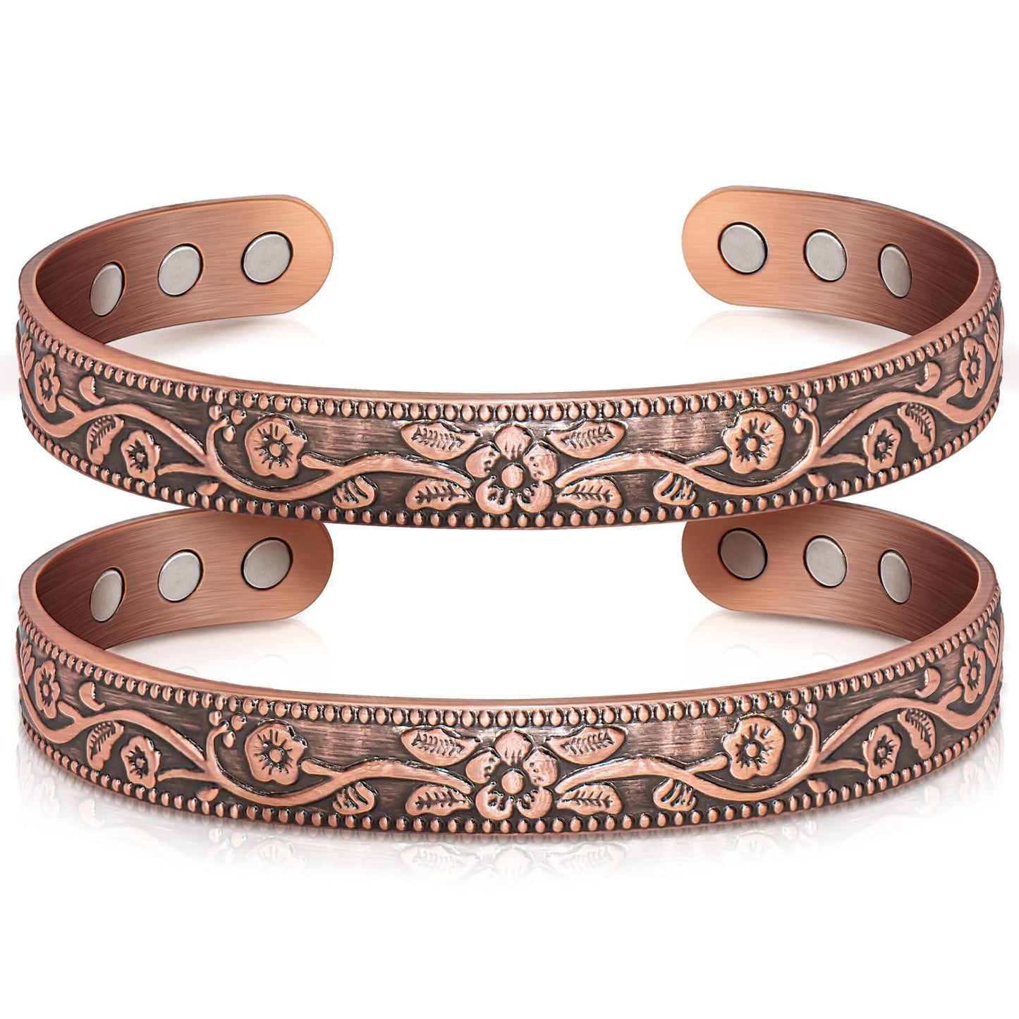 Auramag Copper Bracelets for Women, 99.99% Pure Copper Cuff Bangle with 3500 Gauss Magnets, Adjustable Jewelry with Gift Box(Set of 2)