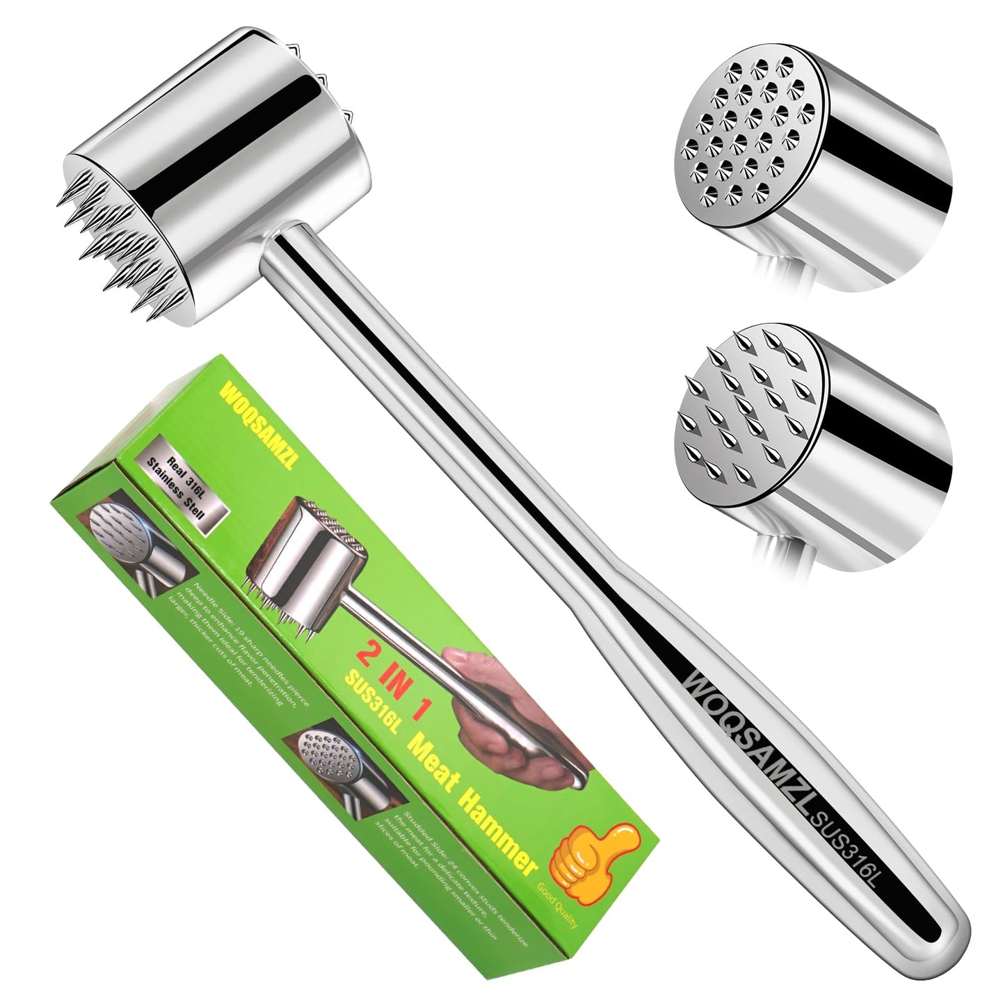 2-in-1 Real 316L Stainless Steel Meat Tenderizer Mallet Hammer, Professional Meat Pounder with 19 Sharp Needle Spikes, Dual-Sided Heavy Duty 1.09lb Versatile Kitchen Tool,Solid & Dishwasher Safe