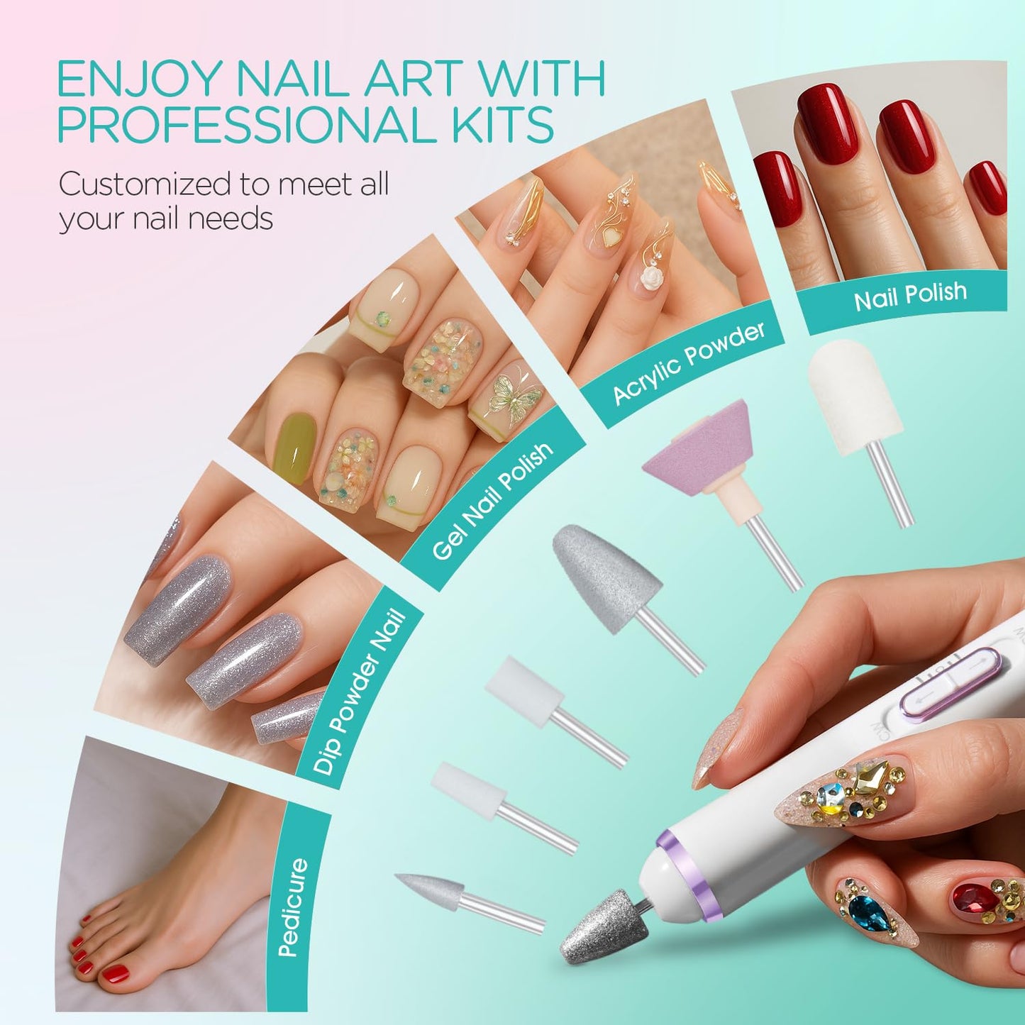 VOGOE Electric Nail Drill, Cordless Nail File Machine Kit 2 Directions & Speeds for Acrylic, Gel Nails, Rechargeable with LED & 6 Nail Drill Bits for Professional Manicure and Pedicure, Purple ND310