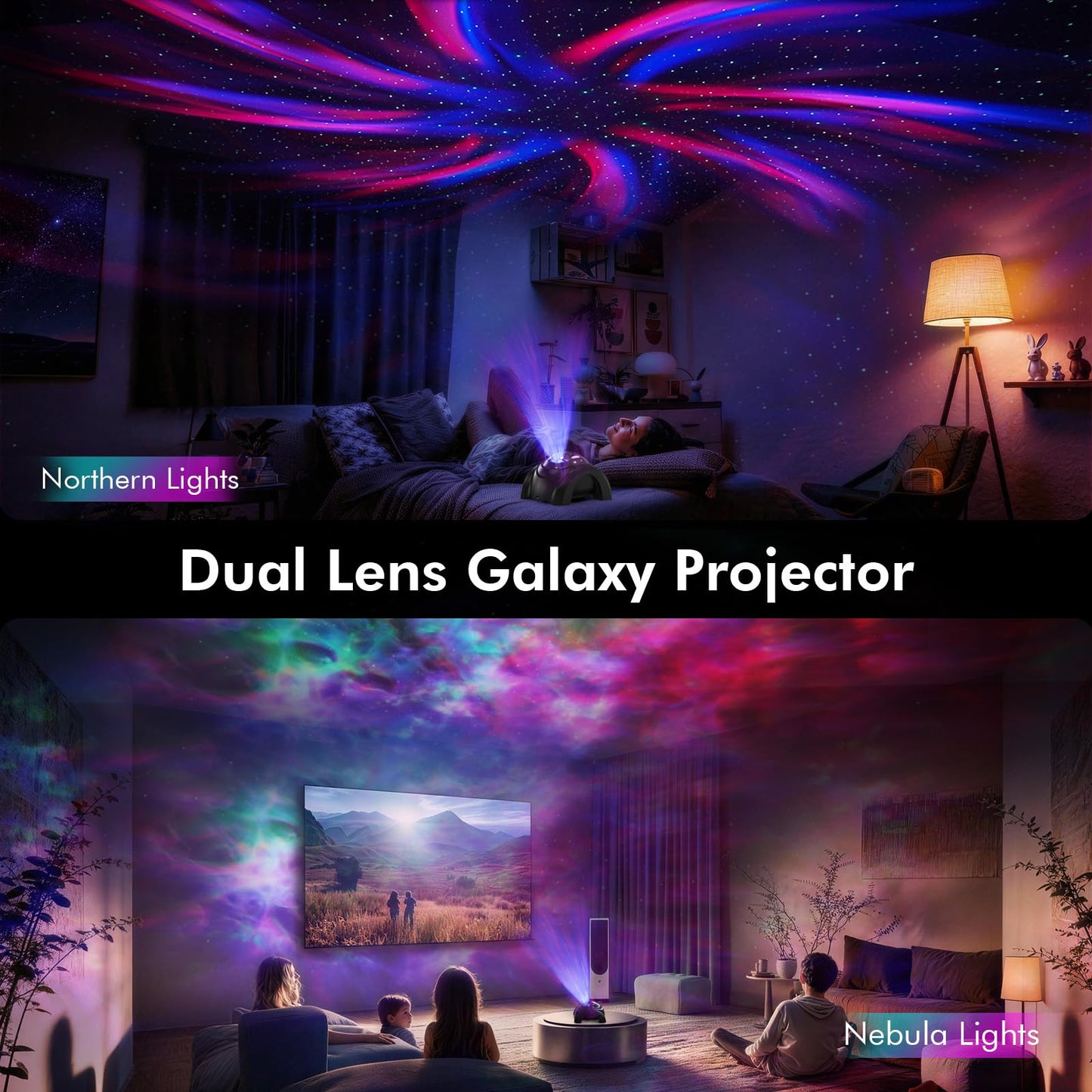 Rossetta Dual Lens Galaxy Projector, Star Projector for Bedroom with 58 Light Effects, Night Light Projector with White Noise & Bluetooth Speaker, Remote Timer, Room Decor Gift for Kids Adults Teens