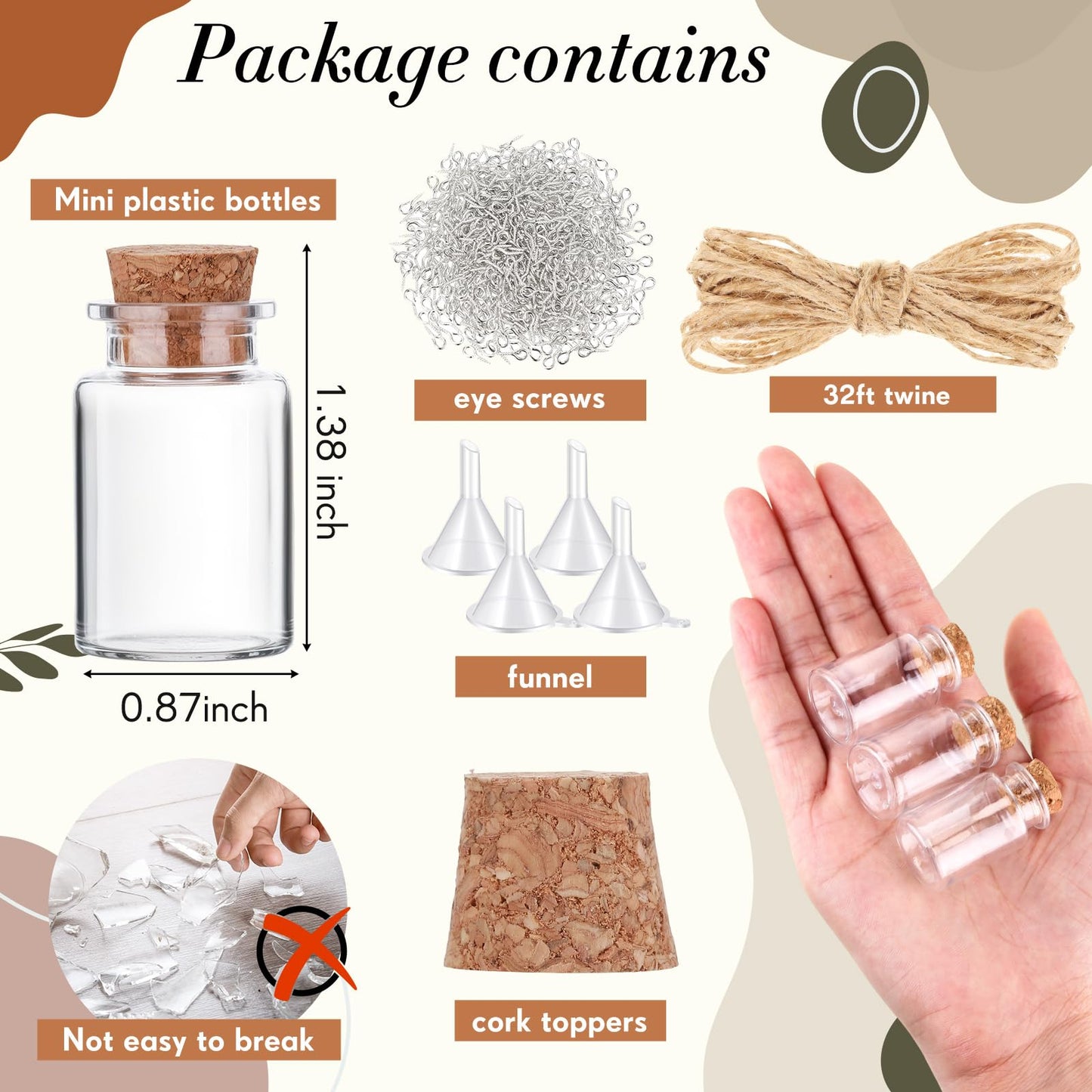 Bokon 50 Packs Mini Plastic Bottles with Corks Stoppers Eye Screws Funnels Small Potion Bottles Tiny Clear Sand Art Jar Wishing Vial for Birthday Party DIY Crafts Gift