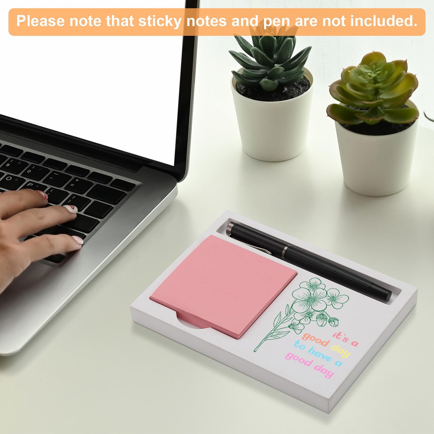 Inspirational Sticky Note Holder for Desk, White Wood Organizer for Pen and Memo Pads, Floral Desk Decor Gift for Women Men, Office Teacher Birthday Appreciation, NPB607