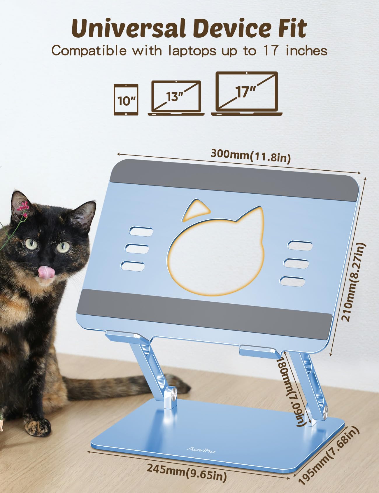 Aoviho Laptop Stand for Desk – Adjustable Aluminum Laptop Riser with Unique Cat-Shaped Cooling Vent, Portable Desk Gift & Decor, Compatible with MacBook Air Pro, Dell, HP, Lenovo (10"-17.3"), Sky Blue
