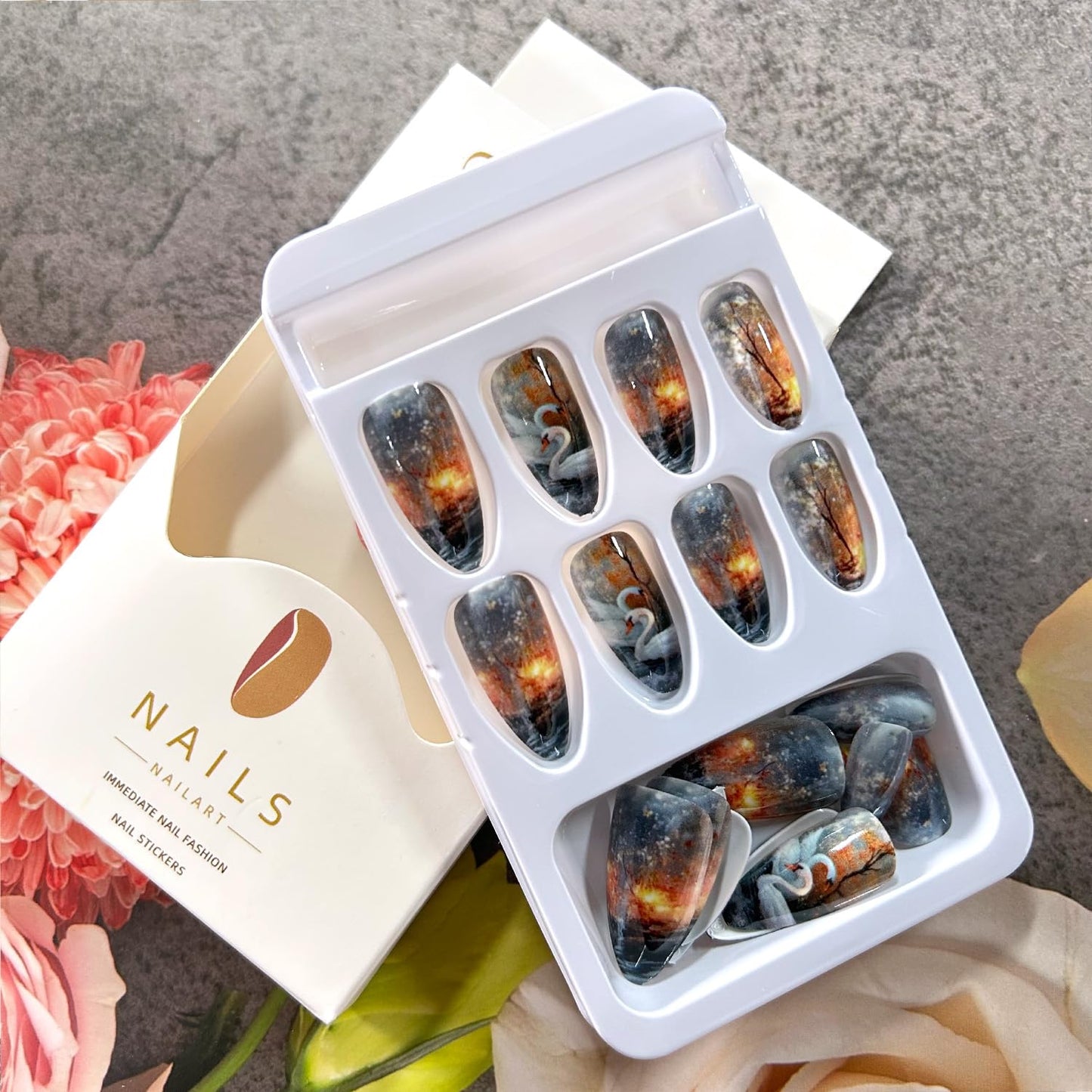 CJDLTS Press on Nails Almond Medium Swan Flame Jungle Pattern Design Full Cover Glossy Acrylic Fake Nail Smudge Almond Tip Artificial Fingernails 24Pcs Press Ons Medium Glue on Nails for Women