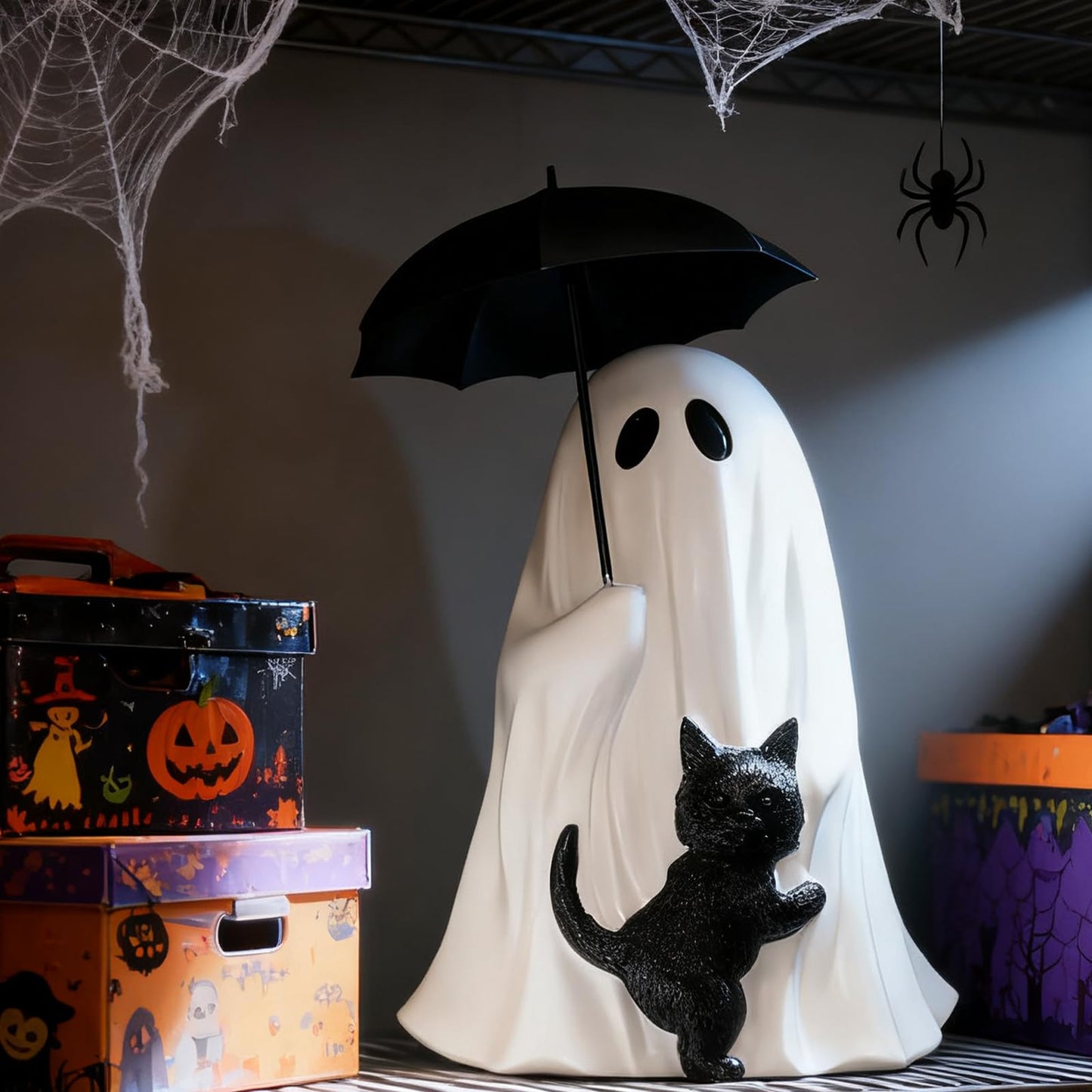 YYPLIAN Ghost Holding Black Cat Statue Halloween Ghost Figurines, Ghost Cat with Umbrella Figure for Home Tabletop Funny Decoration (Ghost Holding Umbrella)