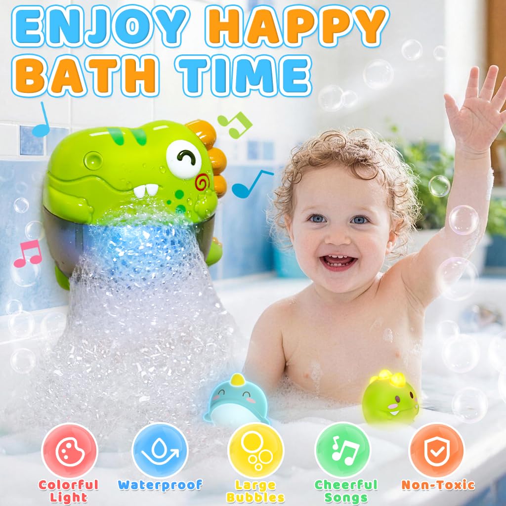 Light Up Dinosaur Bath Toys with Music, Bath Bubble Machine Toy for Kids Age 3-5 4-8 Toddler Summer Toys Bubble Maker for Bathtub - Floating Animal Water Toys Boy Girl Birthday Gift