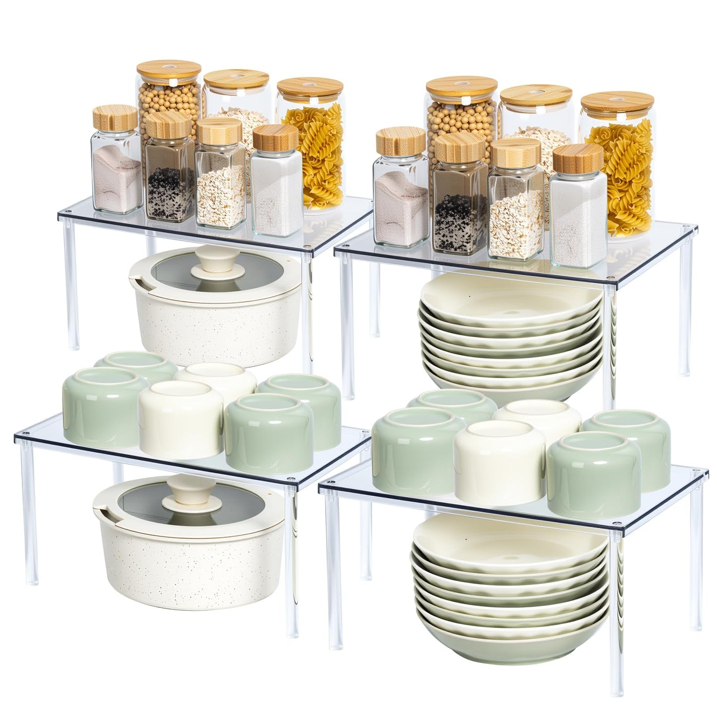 Bobomoment Acrylic Cabinet Organizer, Set of 4 Spice Rack Organizer for Cabinet, Desk Countertop Shelf Organizer, Pantry Kitchen Storage and Organization, Stackable Shelves House Essentials for Gift