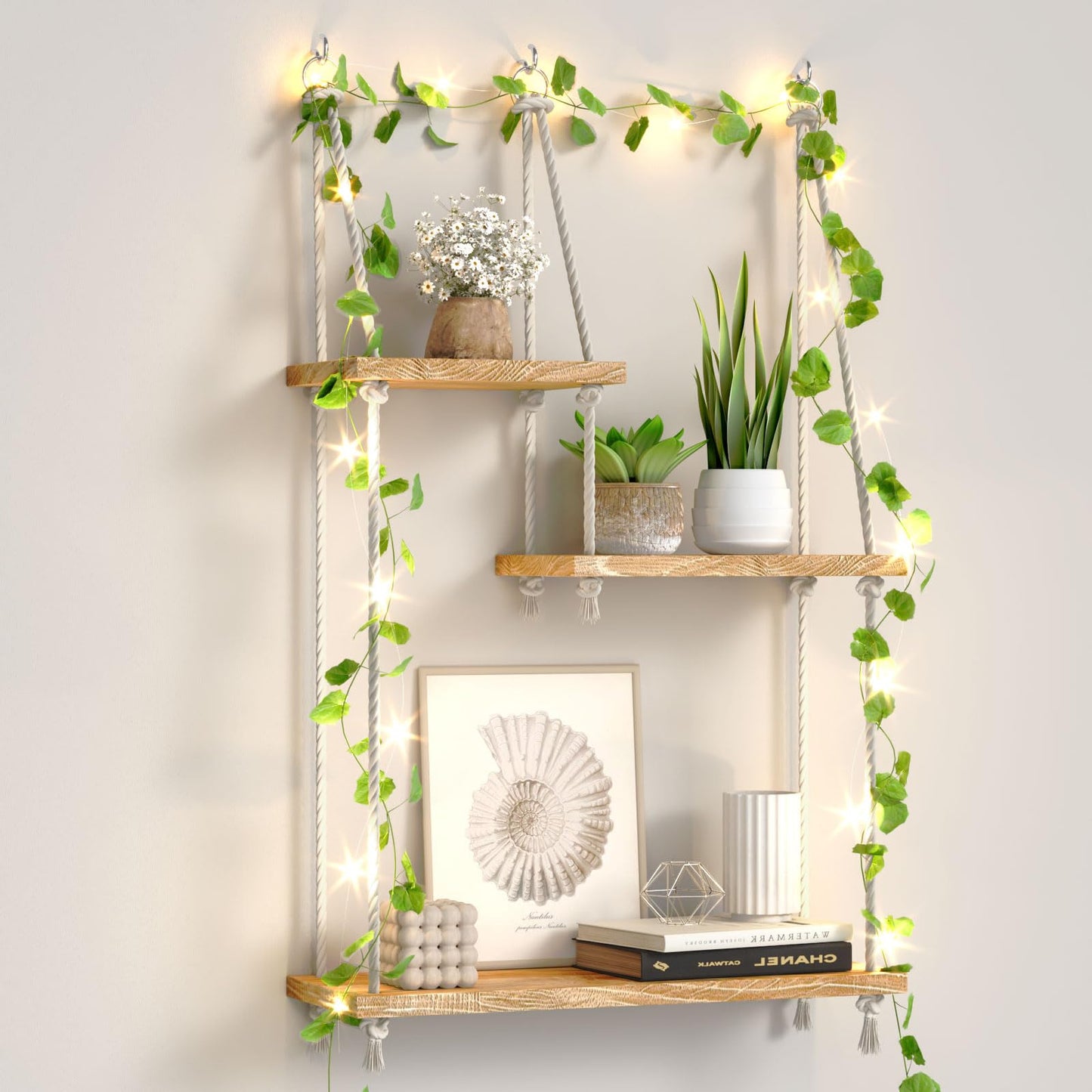 FKSLIFE Hanging Shelves for Wall,Macrame Hanging Plant Shelf with Vine Lights 3 Tier Rope Floating Shelf Wood Organizer Storage Rack Boho Wall Decor Aesthetic for Succulents Bedroom Bathroom Kitchen