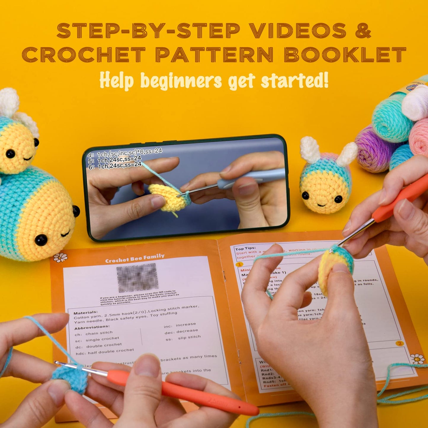 Crochetta Crochet Kit for Beginners, Beginner Crochet Starter Kit with Step-by-Step Video Tutorials, Beginner Crochet Kit for Adults Kids, Knitting Kit for Beginners, Bee Family (Yellow)